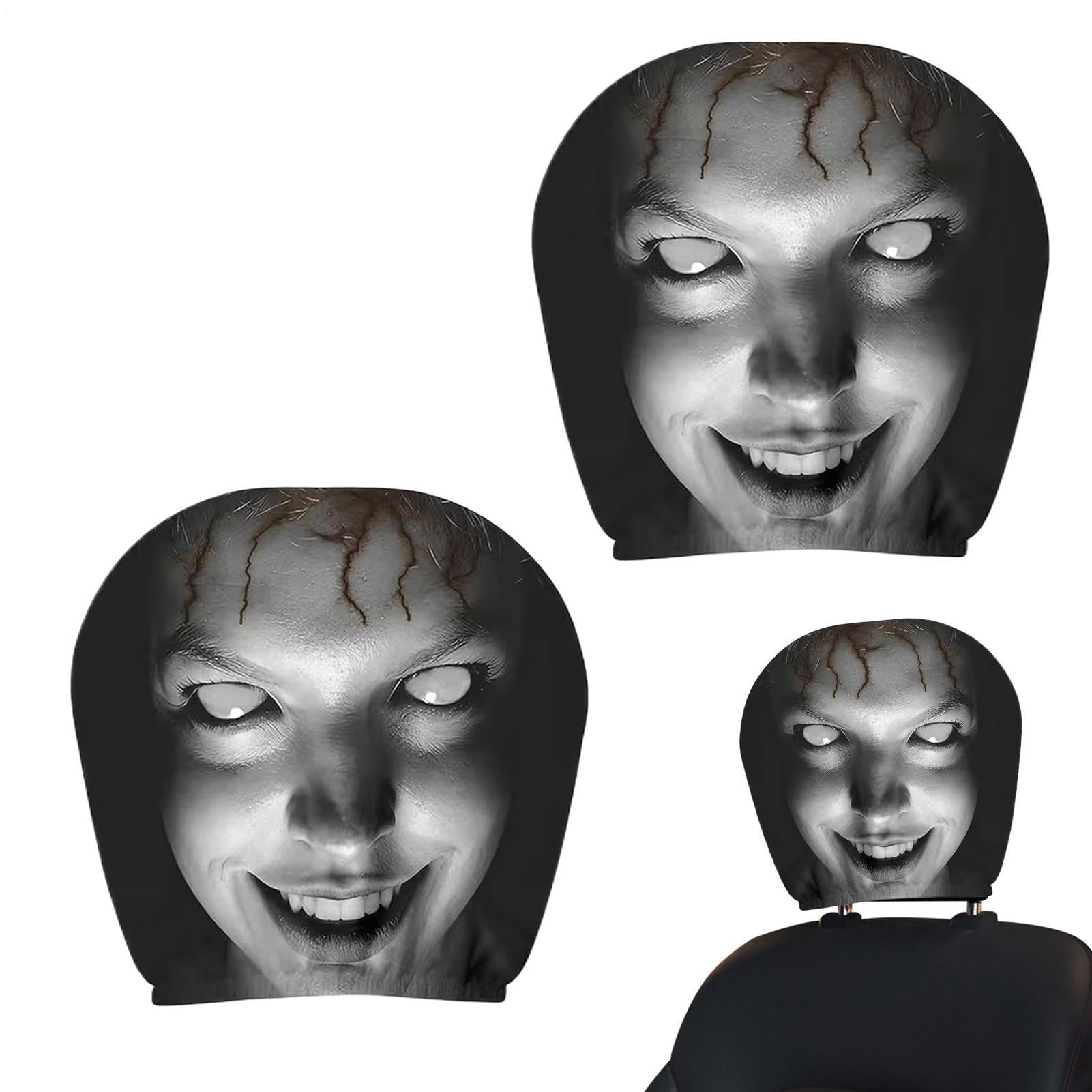 2PCS Ghost Face Car Headrest Cover Scary Elastic Seat Headrest Protector | Halloween Car Decor Interior Decoration