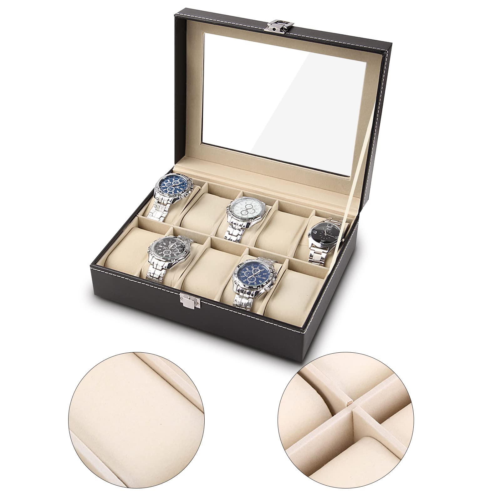 Ejoyous Caja de almacenamiento de 10 rejillas, caja de reloj para 10 relojes, funda de piel sintética con tapa de cristal y cojín para reloj, para hombre y mujer, decoración, coleccionar y regalar