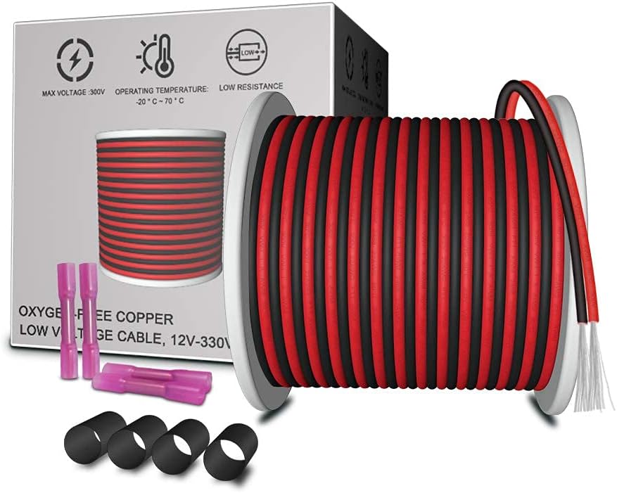 65.6ft Extension Cable Wire 2 Conductor 20M 22AWG 2 Core 22 Gauge Red Black Stranded Tinned Copper for Led Strips Single Color 3528 5050, Boat Light, 12V LEDs Bulbs Lamps, Car Lighting