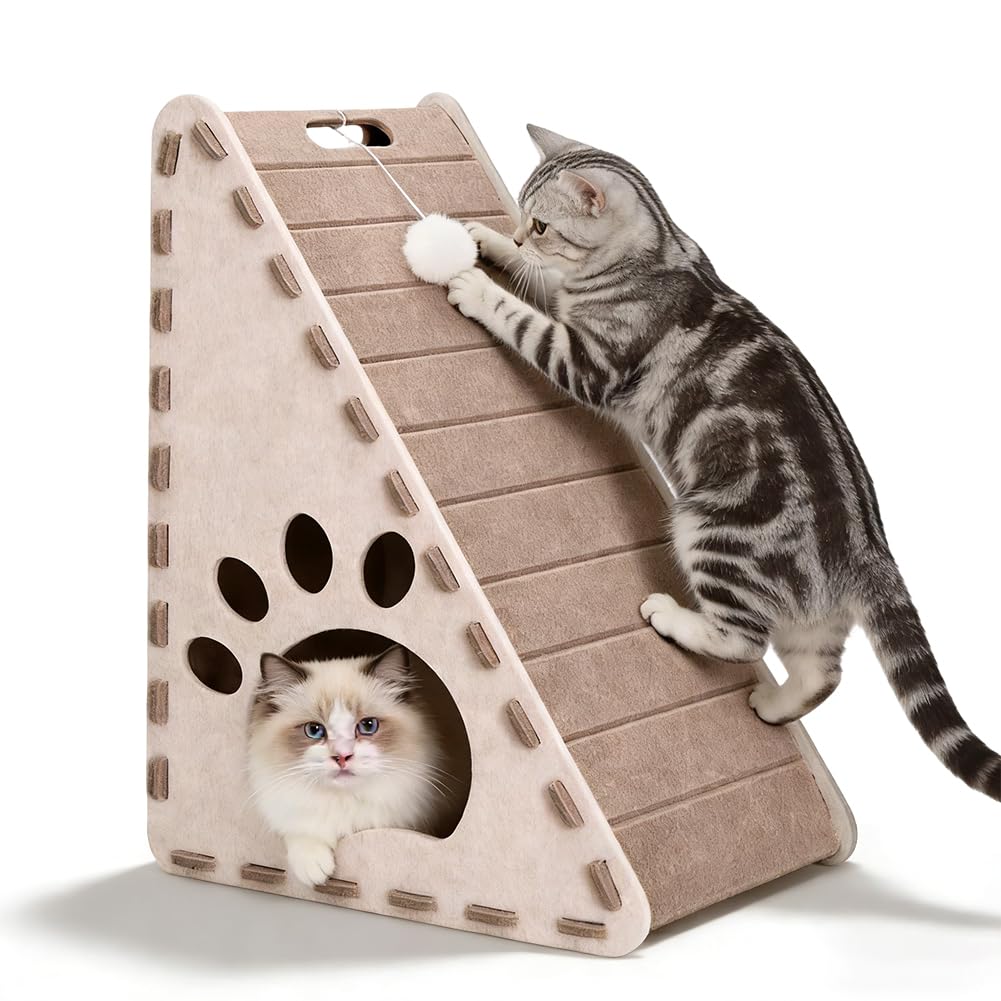 Planche à gratter 3 en 1 et maison triangulaire en feutre - Grattoir vertical pour chat d'intérieur - Scratch Play Rest Cat Furniture - Grattoir robuste facile à nettoyer avec jouet à balle