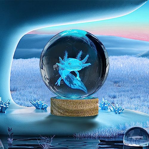 Image of 3D Axolotl Crystal Ball Night Light with Woodern Base,16 Colors with Remote Control Cool Desk Decor Gifts for Kids Friends (Axolotl-b)