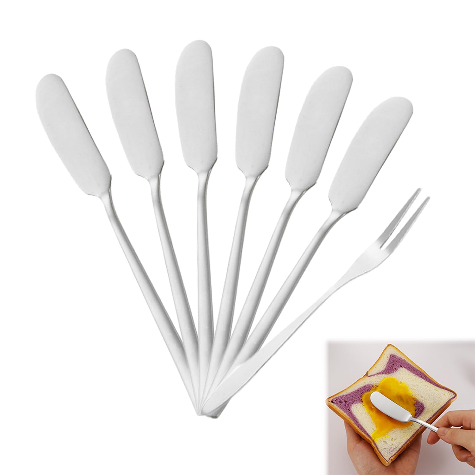 Juego de 6 cuchillos de mantequilla pequeños, de acero inoxidable, cuchillo de mantequilla, cuchillo de queso, cuchillo de postre, con tenedor de fruta, para queso, mantequilla fría, mermelada