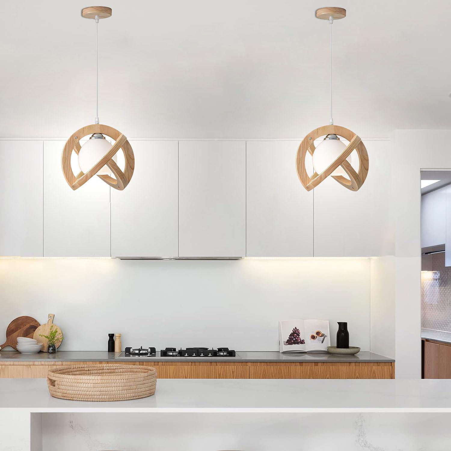 KZT Lampadario a Sospensione in Legno Vintage Lampadario E27 Industriale Lampada Plafoniera Regolabile in Altezza Luce a Sospensione con Paralume in Vetro per Pranzo Soggiorno Cucina Camera da Letto