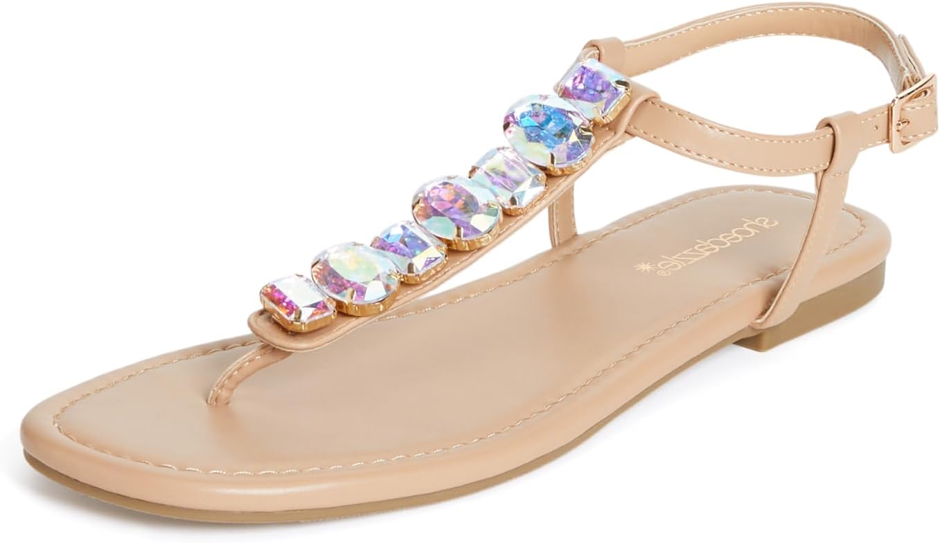 JustFab Women’s Rhinestone Flat Rhinestone Sandals Flip Flop T-Strap Thong Flat for Summers