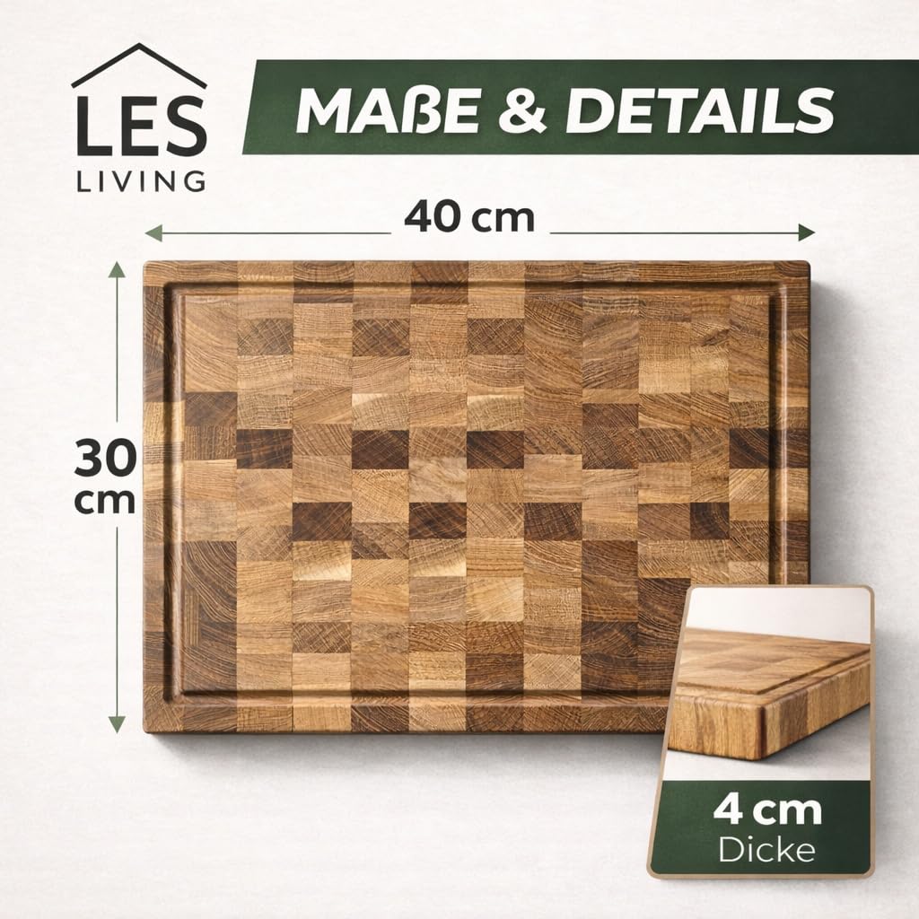 Schneidebrett Eiche Stirnholz 40×30×4 cm – Profi Holzschneidebrett mit Saftrille & Antirutsch-Füße – Klingenschonend – Massives å Küchenbrett aus Eichenholz – Deutsche Marke