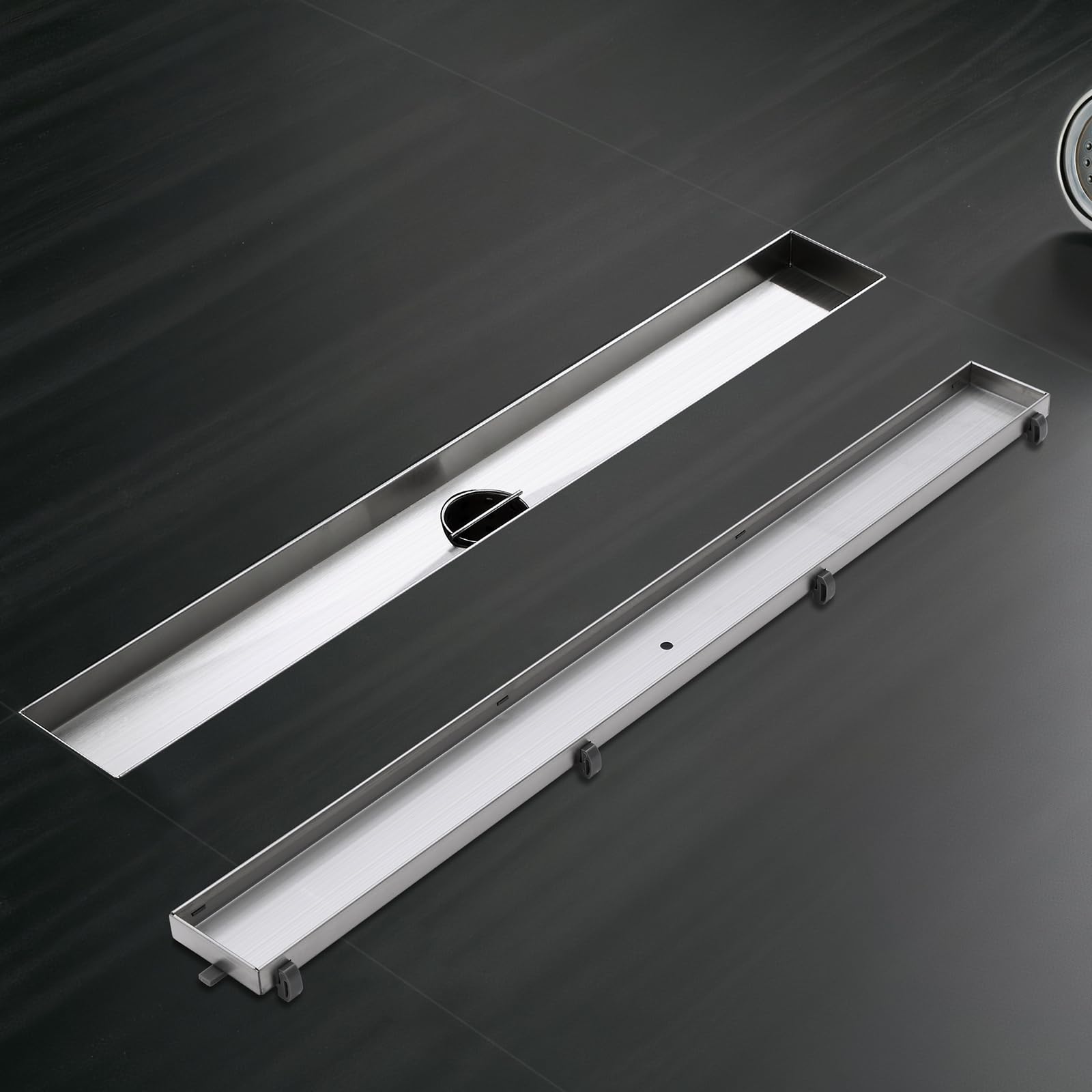 Duschrinne Befliesbar 80cm Gebürstet, 360° Siphon mit Geruchsstop und Haarsieb, 304 Edelstahl Ablaufrinne Bodenablauf Duschablauf sehr Flach DN50 DN40