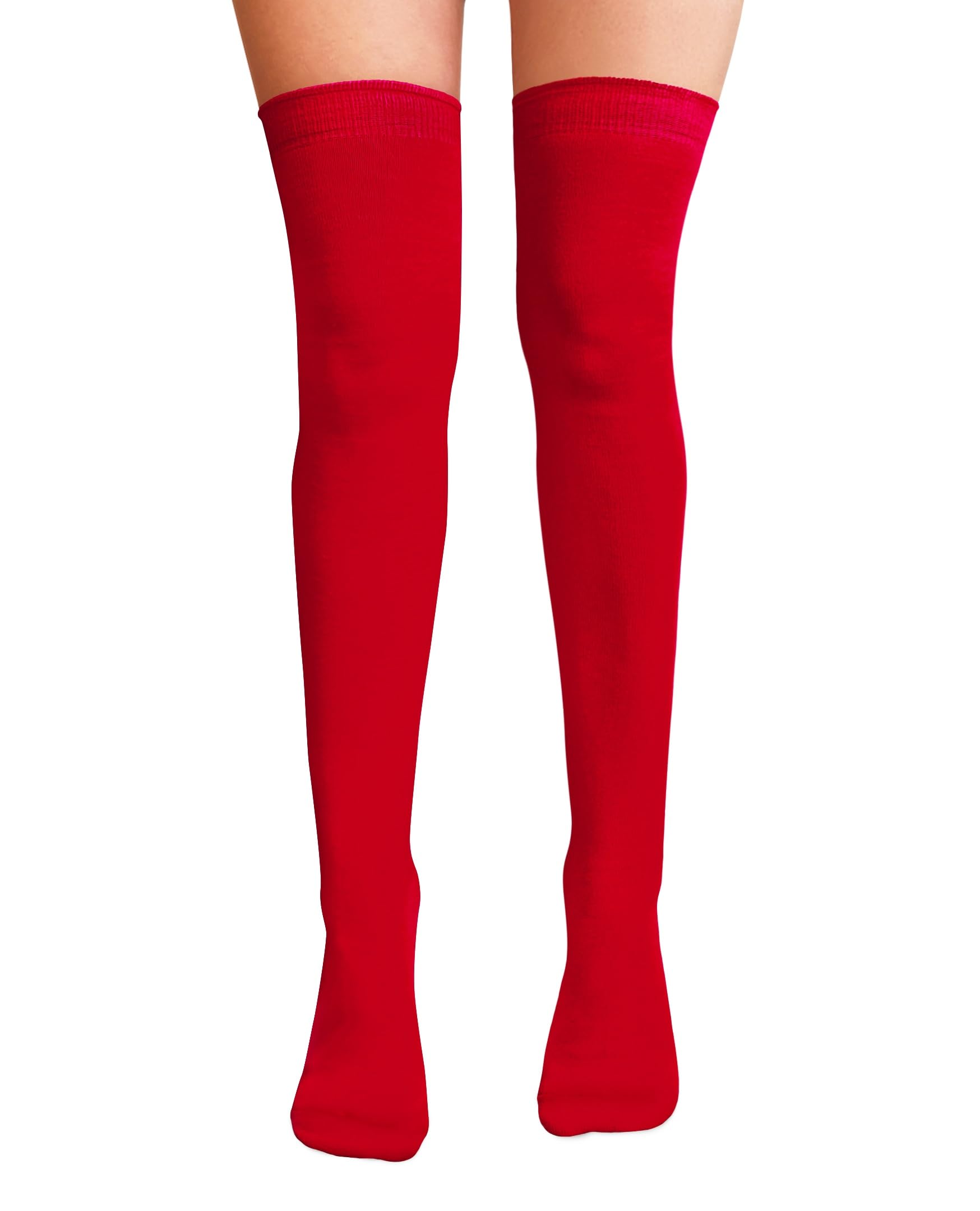 Nujake Girls Red Over The Knee Thigh High Socks Plain Cotton Lycra Cosplay School Sox (Red)