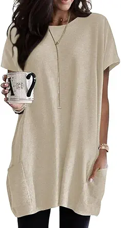 Poetsky Summer Women's Tunic Tops for Leggings with Pockets, Short Sleeve, Casual Long T-Shirts, S-3XL