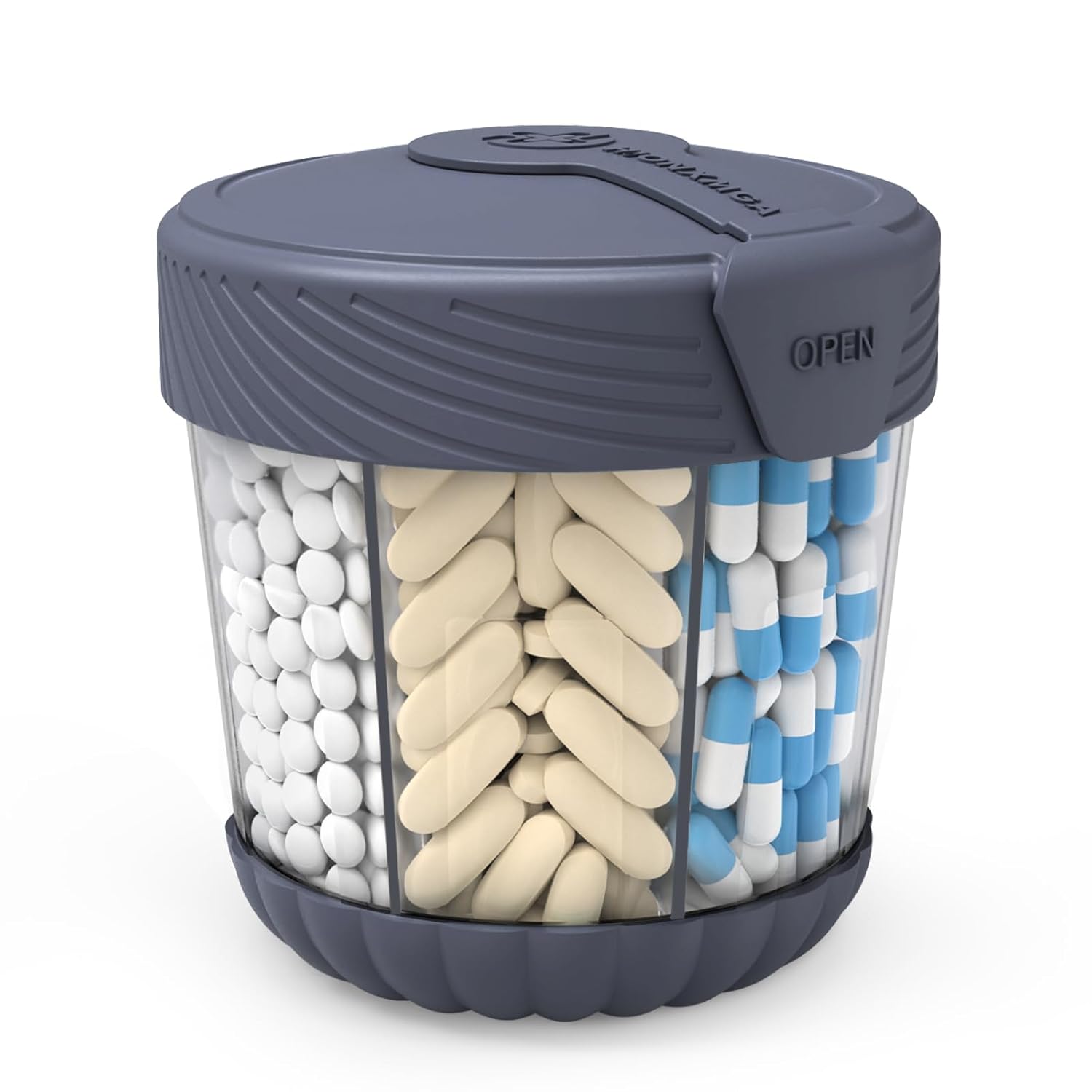 Organizador de Pílulas Grande, Dispensador Portátil de Vitaminas para 7 Suplementos, Organizadores Antimistura com Abertura Larga e Fácil Torção, Container Livre de BPA, 20 Etiquetas Inclusas