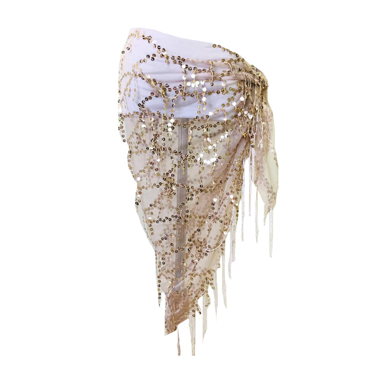 Lauthen.S Women Belly Dance Hip Scarf, Sequin Tassels Triangle Tribal Wrap Skirt Waist Chain, Apricot, One Size