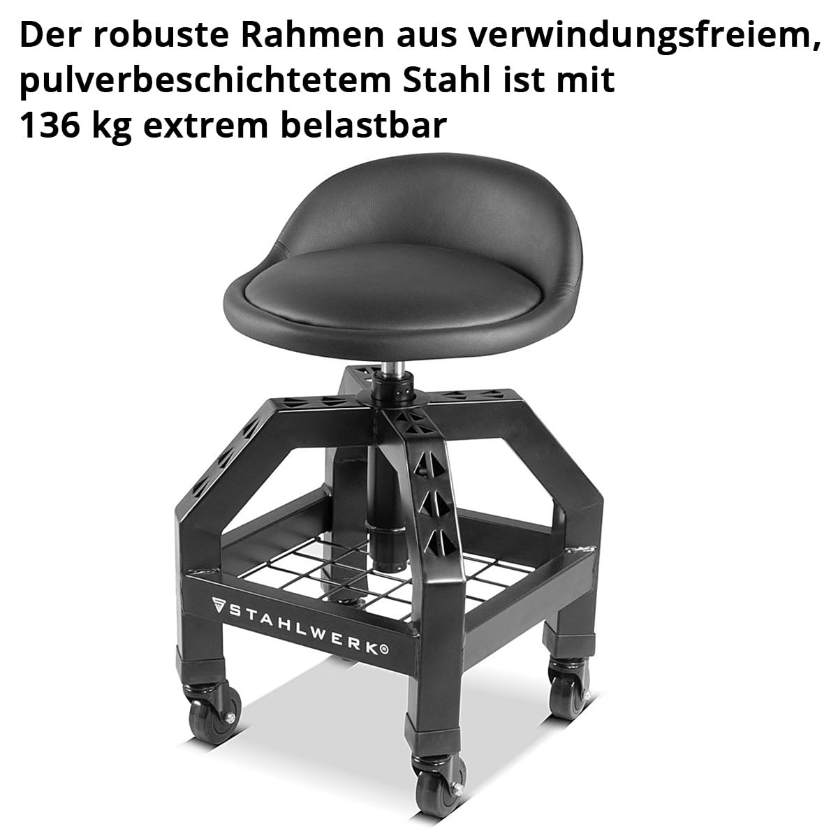 STAHLWERK Höhenverstellbarer Werkstatthocker VWH-300 ST mit großem Ablagefach, bis 136 kg belastbar, 59-76 cm Sitzhöhe, Rollsitz/Rollhocker mit kugelgelagerten Leichtlauf-Lenkrollen