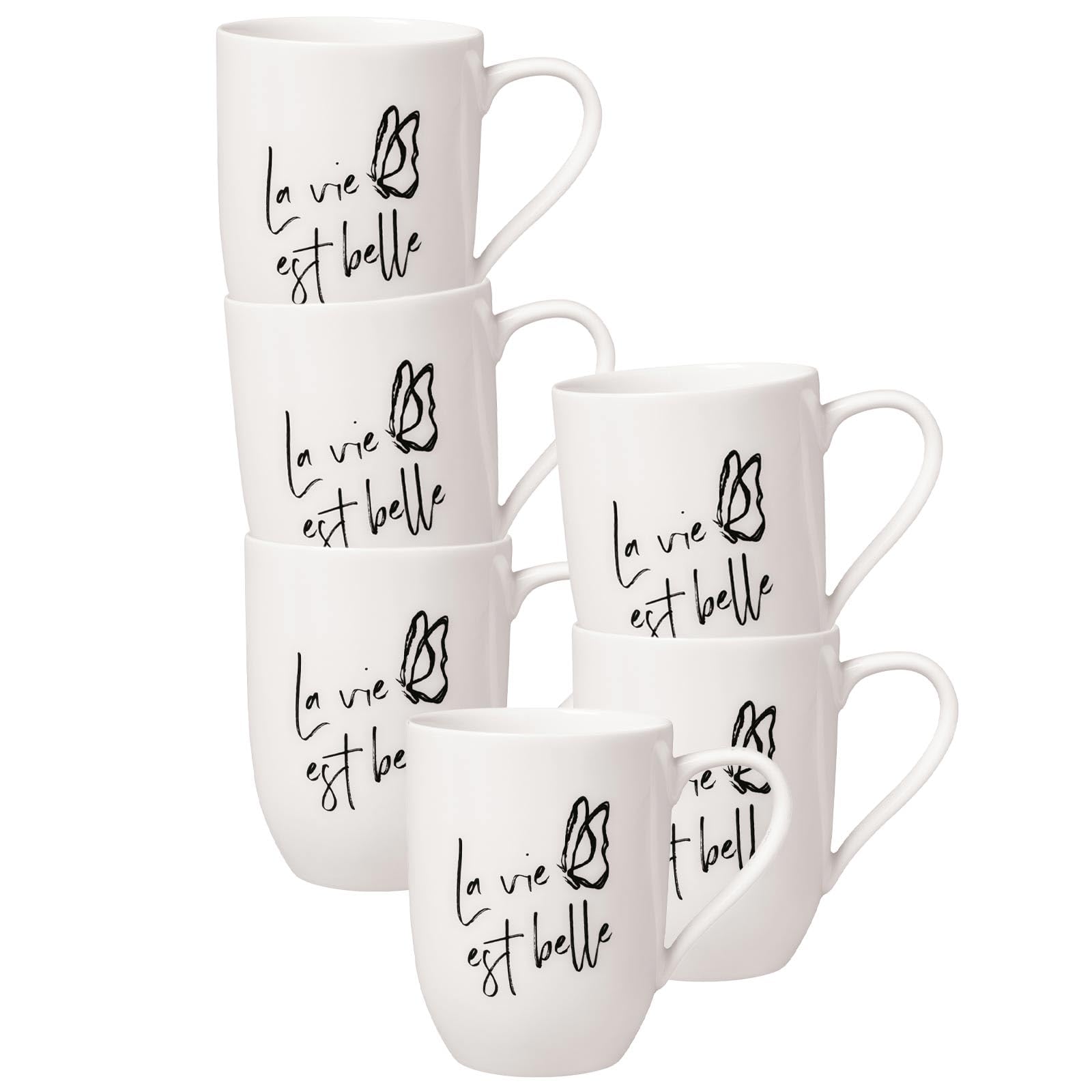 Villeroy & Boch - Statement, kubek z uchem, zestaw 6 sztuk, La vie est belle, 280 ml, kubek do kawy z sentencjami, porcelana premium, biało-czarny
