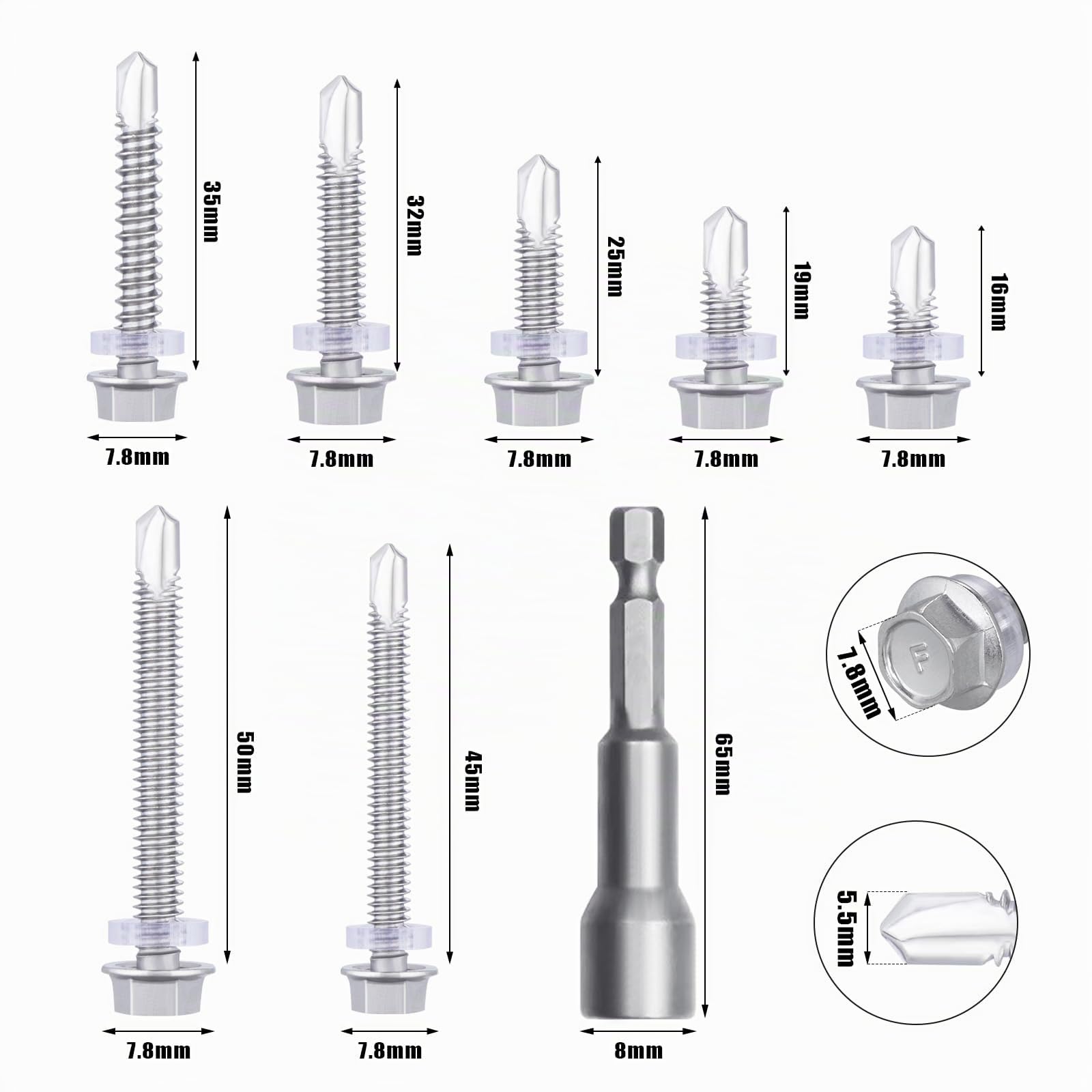 Gueenky 195 Piezas Tornillos Autotaladrantes Cabeza Hexagonal, 5,5 x 16-50mm Tornillos Autoperforantes Acero Inox Tornillos Autorroscantes, 7 Tamaños Tornillos Autotaladrantes Metal, con Llave de Vaso