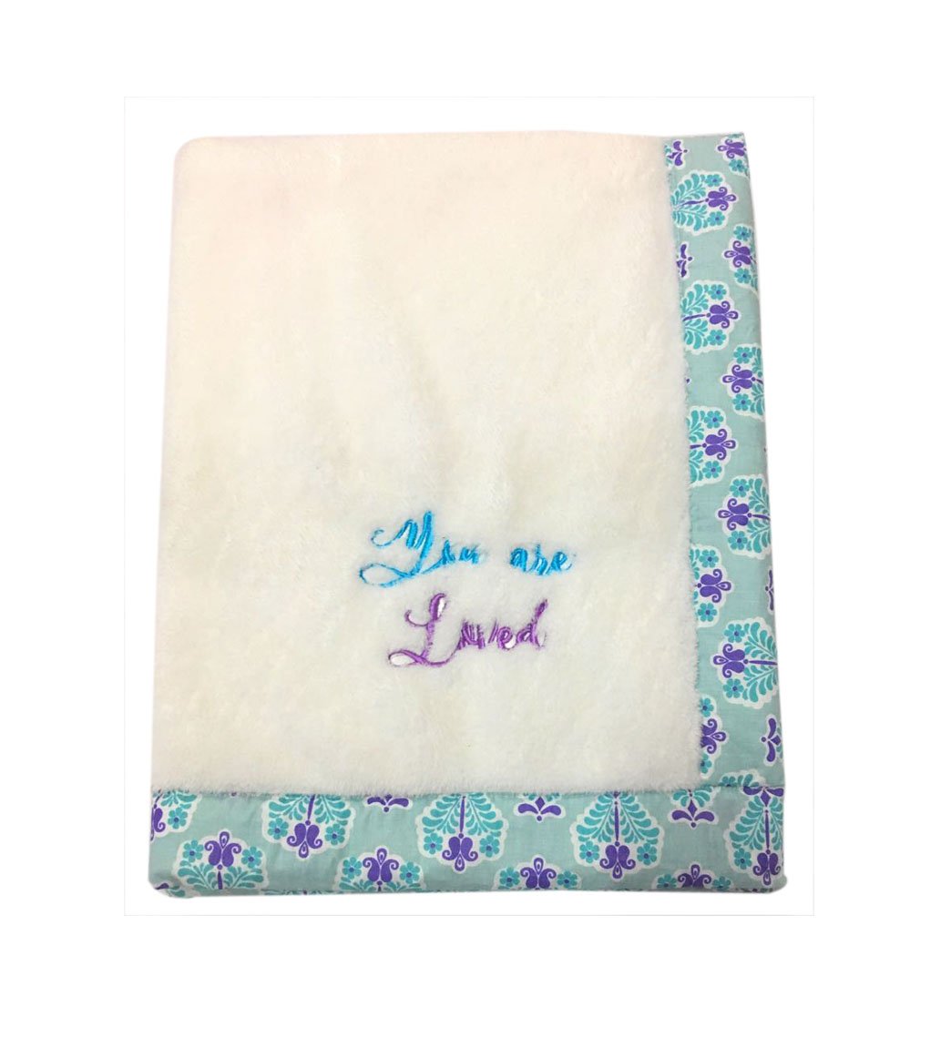 Bacati - Paisley Floral Plush Embroidered 30 x 40 inches Baby Blanket (Aqua/Coral Scroll Aqua)