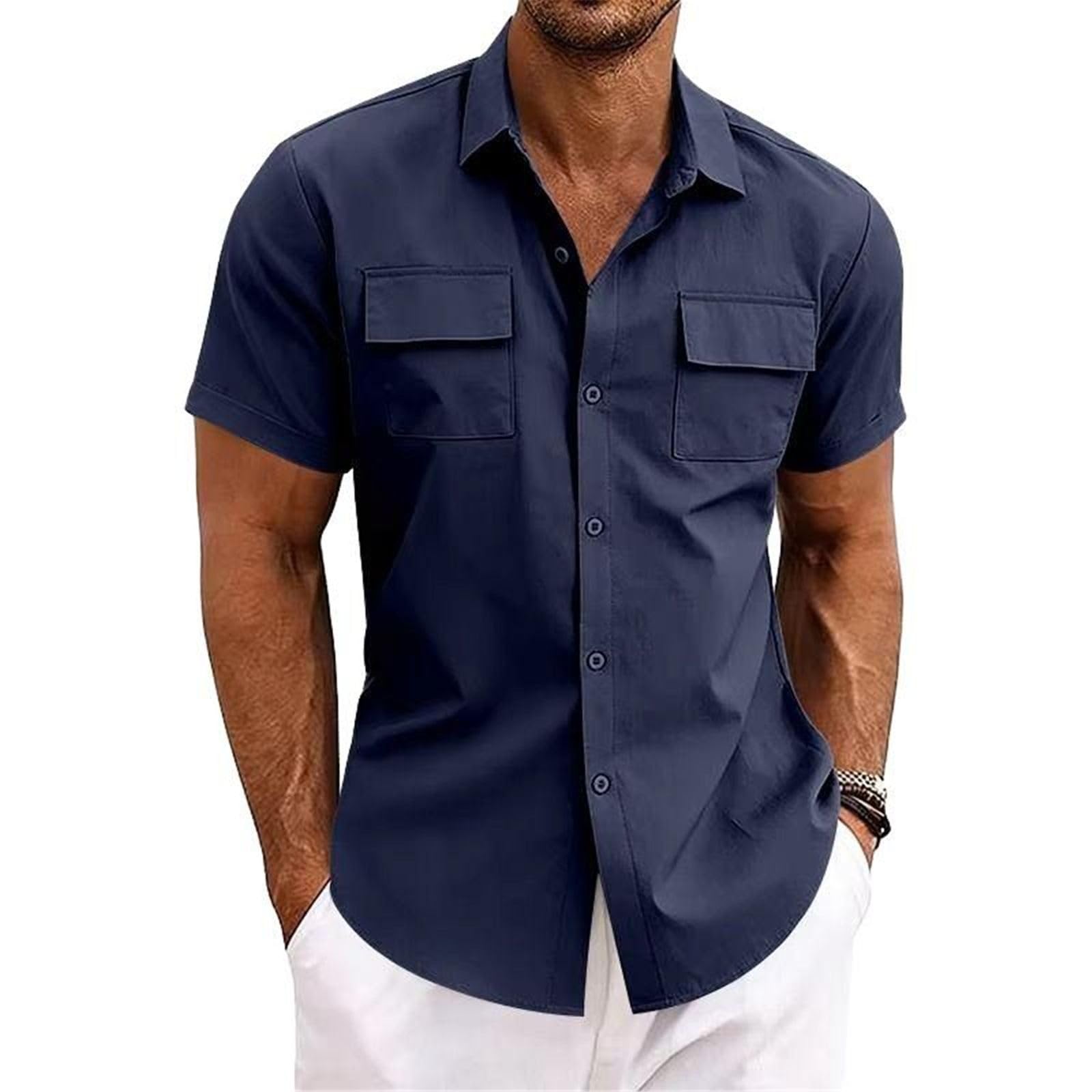 Chemise de Travail Homme, Double Poche Extensible sans Faux Plis Manches Courtes décontractée
