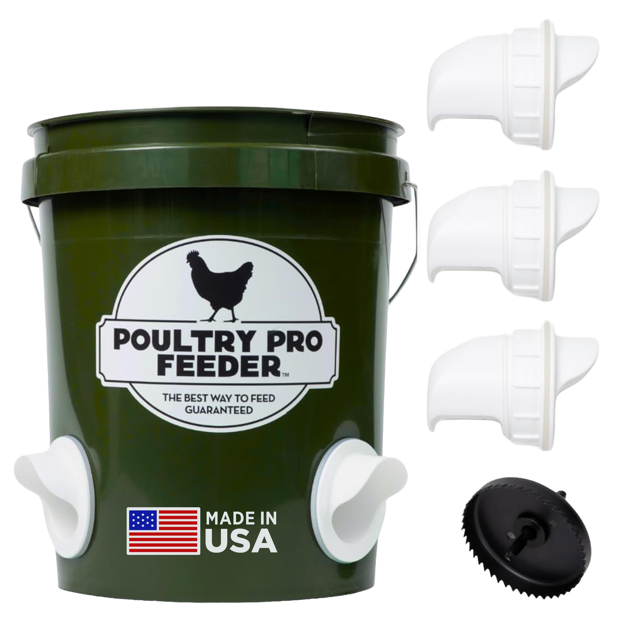 The Original Poultry Pro DIY Chicken Feeder | 3 Ports Poultry Feeders for Chicken Coop | Use for Buckets & Bins | Rain Proof, Weather Resistant - Original Feeder 3-Pack with Hole Saw