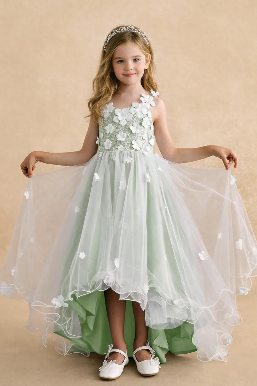 Lace Floral Tulle Flower Girl Dress for Wedding Asymmetrical Princess Pageant Party Gown First Communion Dresses