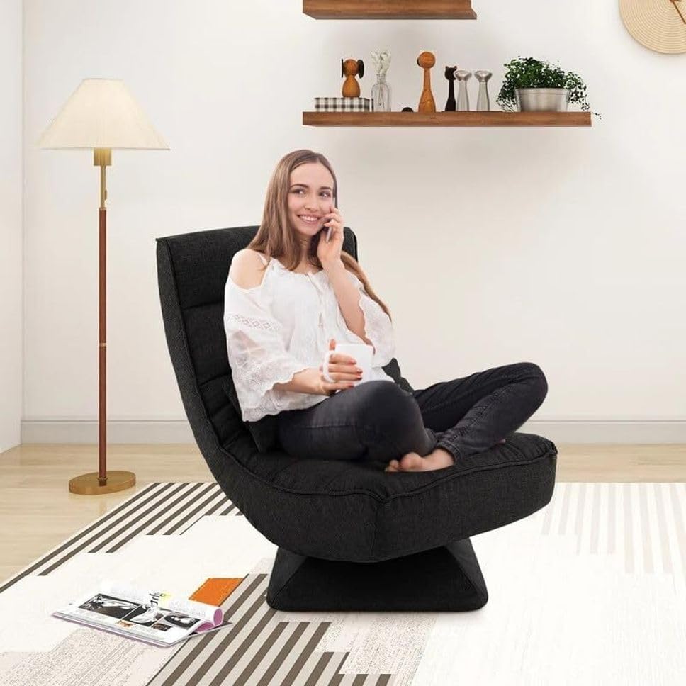 Image of Modern Single Seater Lounge Chair with Thick Cushioned Seat & Backrest | Soft Fabric Upholstery | Comfortable Accent Recliner Style Chair for Living Room & Bedroom, Color: Black