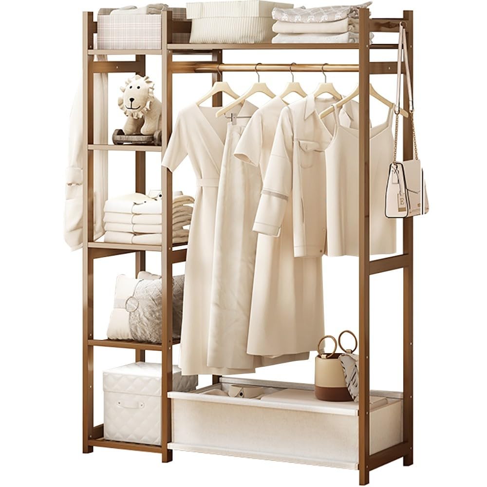 POLGDW Bamboo Free Standing Coat Rack with 5 Shelves Ideal for Bedroom Storage of Clothes Dresses Shoes & Hats Max Load 100kg Stylish & nizer