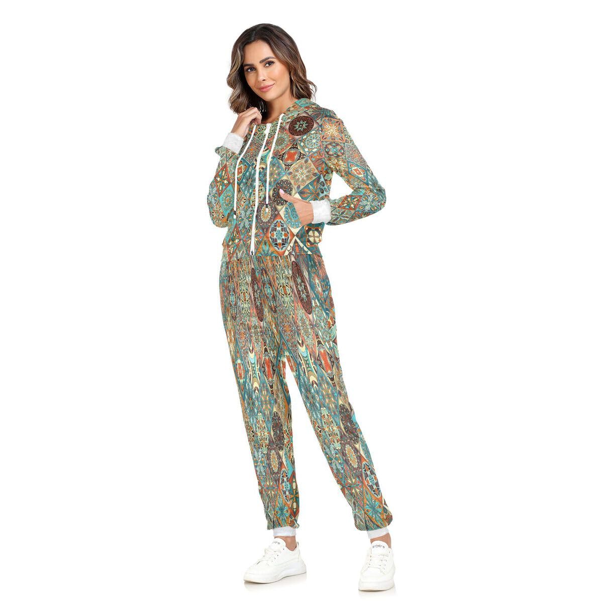 Conjunto deportivo de 2 piezas para mujer, diseño étnico floral, mandala, manga larga, conjunto deportivo indio bohemio