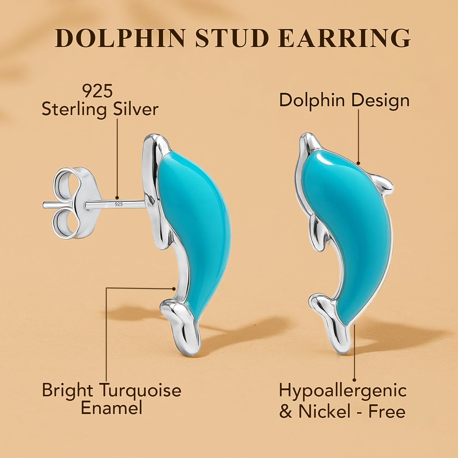 LeCalla 925 Sterling Silver Stud Earrings | Women's Silver Earrings | Lightweight Abalone Shell Stud Earrings | Turquoise Enamel Starfish and Dolphin Design Earrings for Women