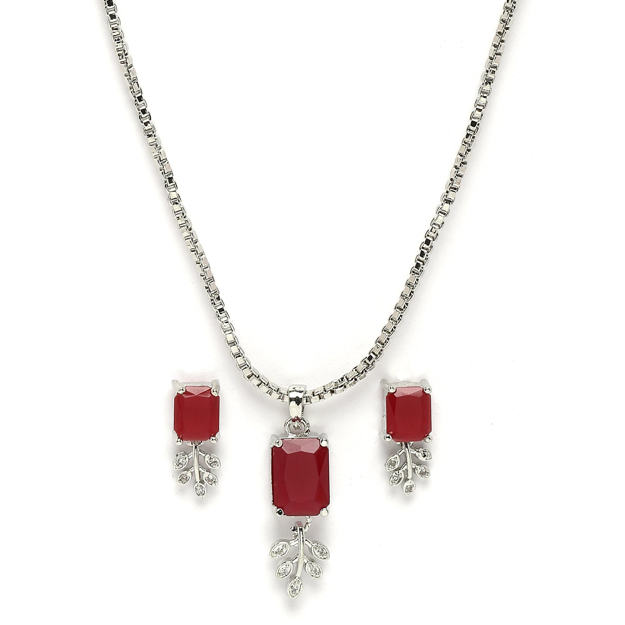ZENEME Rhodium-Plated American Diamond Studded Square & Leaf Shaped Pendant with Earrings For Girls and Women (Red) (B0CGPVB319) Amazon Price History, Amazon Price Tracker