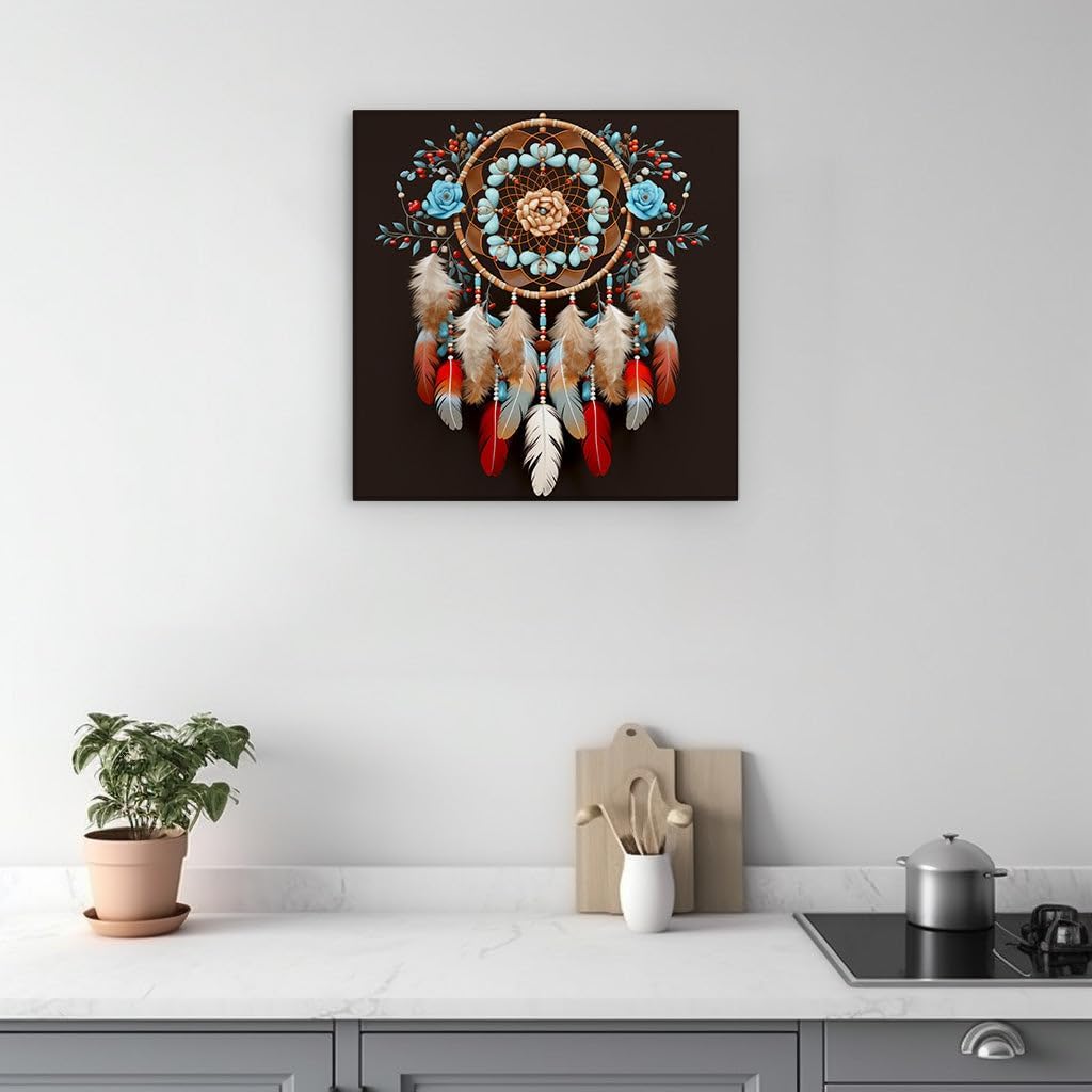 Canvas for Living room. Dreamcatcher Elegance: A Symphony of Turquoise, Berry Reds, and Feathered Hues Against a Gradient Brown Canvas, 27 x 18 inch Canvas Wall Art - Inspirational Office Decor