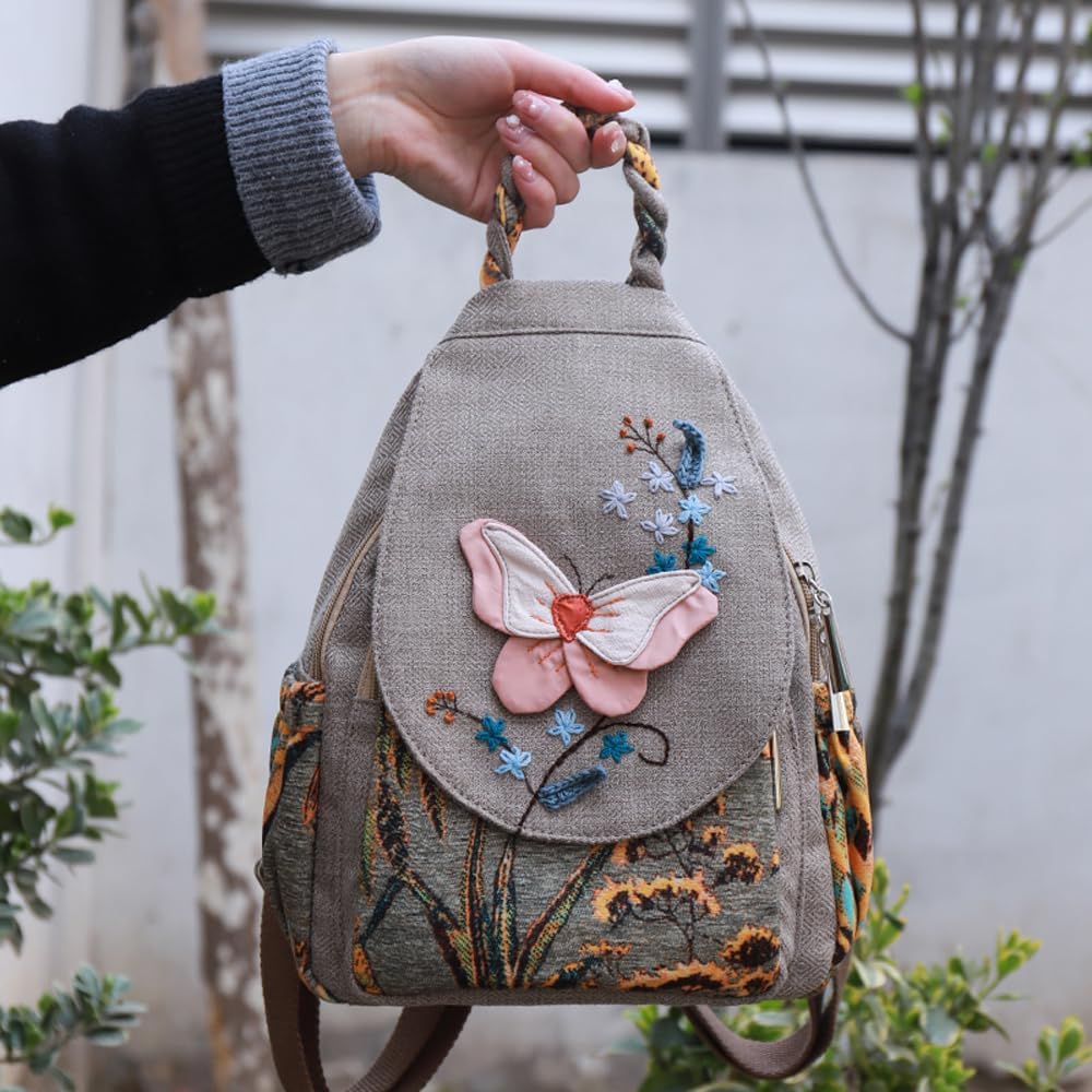Women's cotton-linen straw backpack, bohemian style, small, convertible, with woven design and tassels, vintage, embroidered casual bag, backpack handbag.