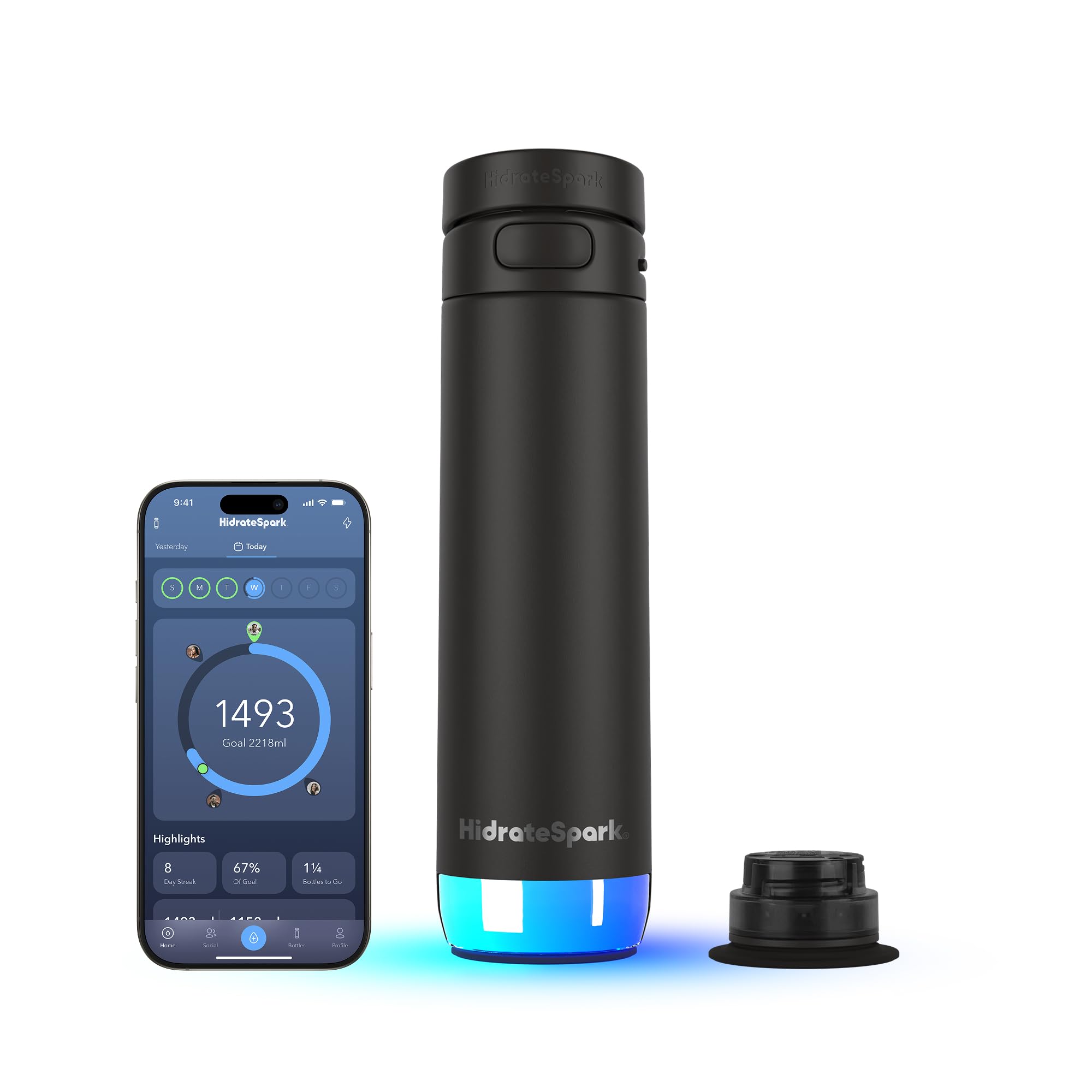 HidrateSpark PRO 2 Butelka Inteligentna – 621 ml Stal Nierdzewna Izolowana, Monitoruje Nawodnienie, LED & Dźwięk Przypomnienia, Bluetooth App, Korek ze Słomką, BPA-Free, Czarna (z Apple Find My)