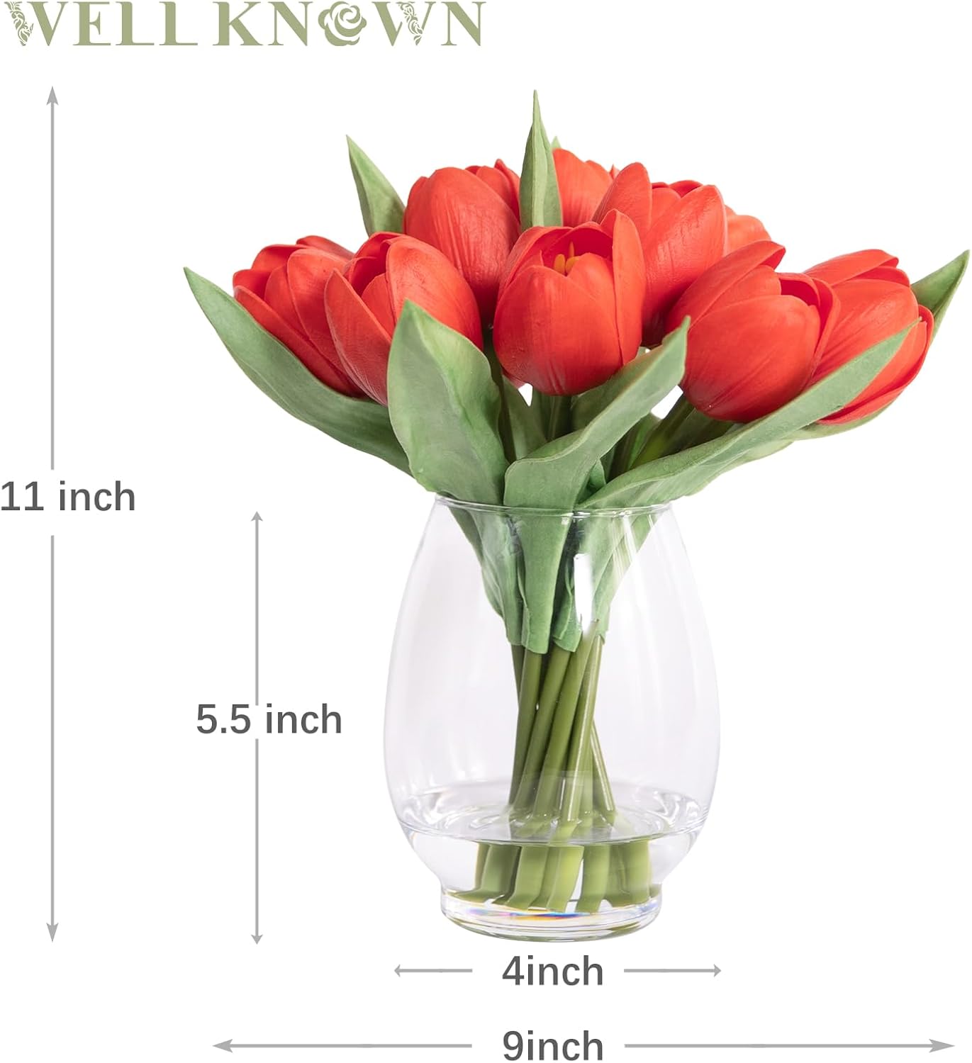 WELL KNOWN 12 Pcs Fake Red Tulips Artificial Flowers in Vase with Faux Water, Real Touch Foam Tulips Arrangements with Vase for Home Office Decor, Dining Table Wedding Centerpiece (Coral Red) - Image 8