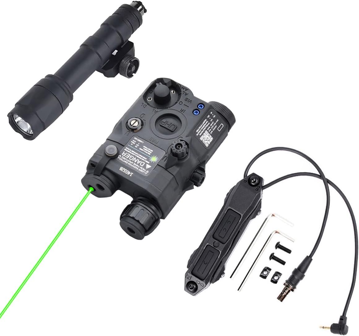 Green/Red PEQ-15 Plastic Laser Dot IR Sight with M600C Flashlight & Dual Control Remote Pressure Button Switch，300 Lumen White LED Scout Torch Lights，Fits for Standard 20mm Rail System Mounting