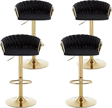 Black Velvet Swivel Barstools Set of 4,Adjustable Bar Height Stools with Weave Backs/Golden Base,Upholstered Modern Counter Height Stools for Kitchen Island/Pub/Dining/Cafe/Restaurants, Black