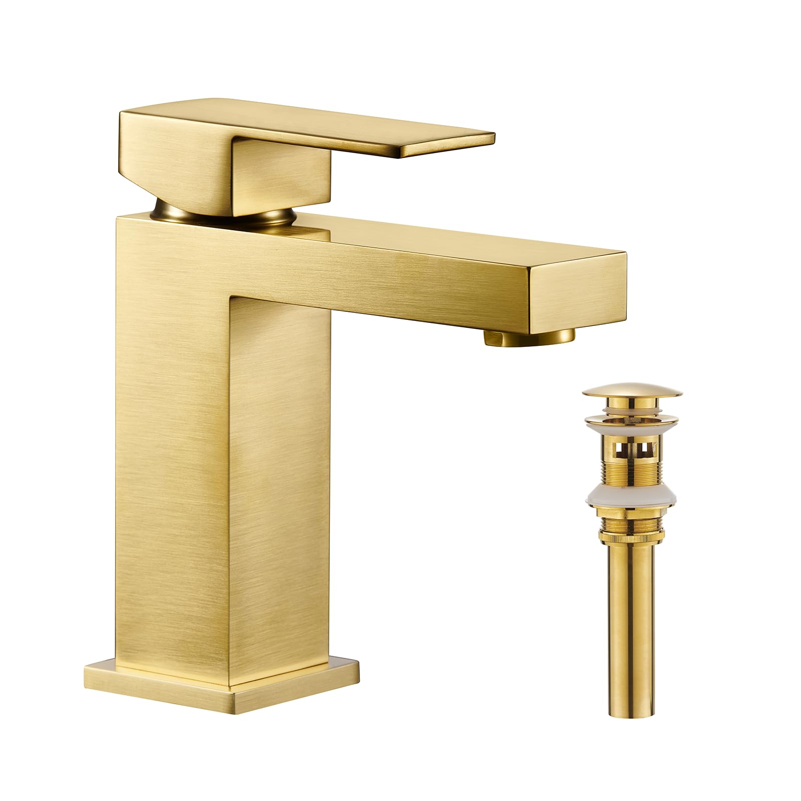 ALWEN Bathroom Faucet Brushed Gold, Brass Single Hole Bathroom Faucet Modern Bathroom Sink Faucet Single Handle Vanity Faucet with Pop Up Drain and Water Faucet Supply Lines