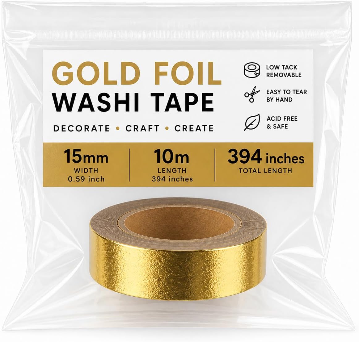 Syntego Solid Foil Washi Tape Decorative Self Adhesive Masking Tape 15mm x 10 Meters (Gold)
