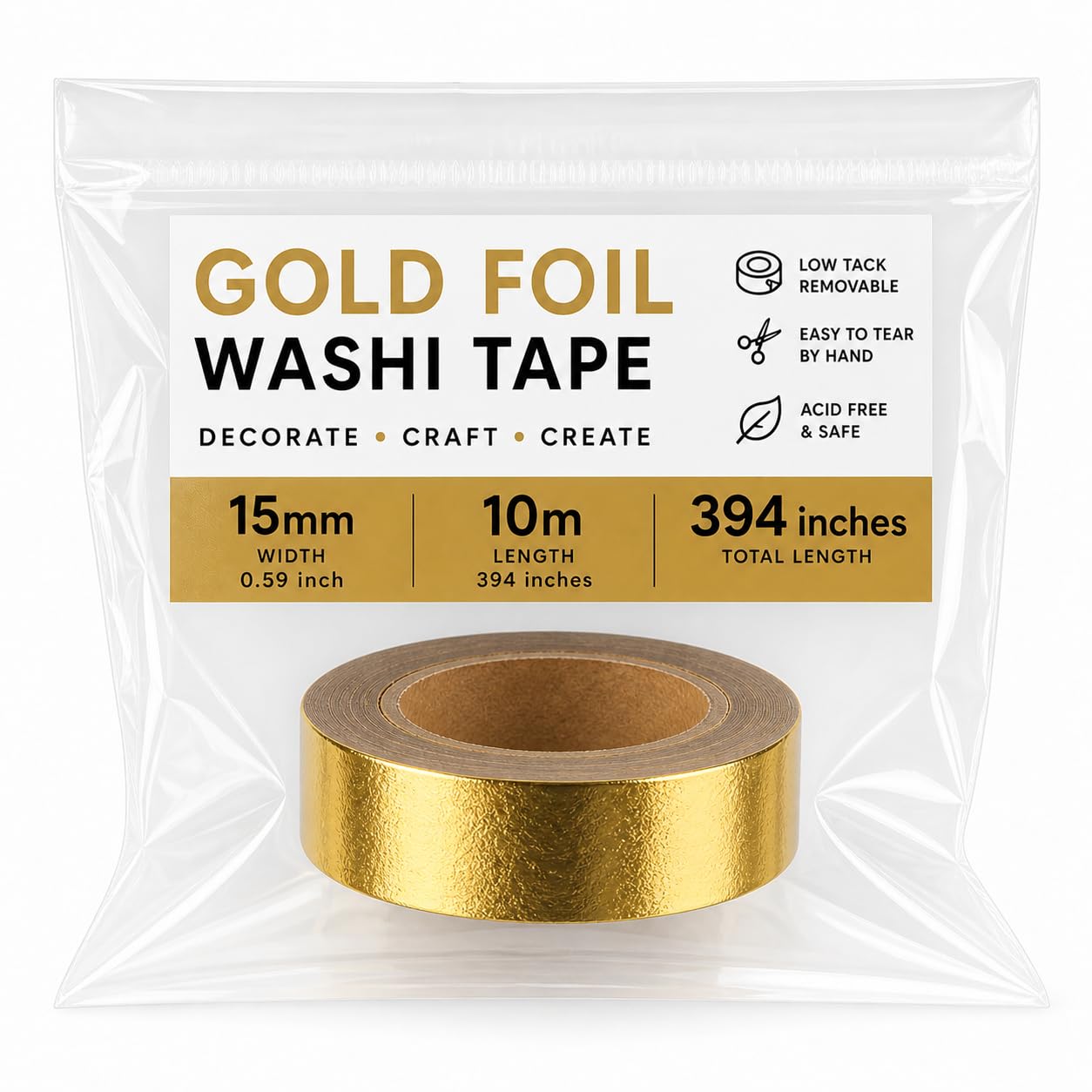 Syntego Gold Solid Foil Washi Tape Decorative Self Adhesive Masking Tape 15Mm X 10 Meters (Gold)