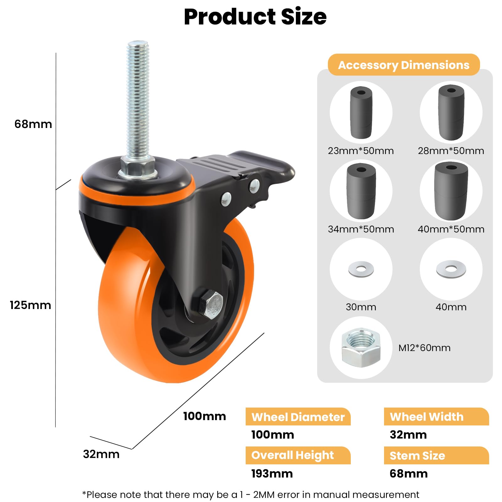 Pomarańczowy zestaw obrotowych kółek skrętnych, 100 mm kółka do dużych obciążeń z mechanizmem blokującym, 4 sztuki, w zestawie adapter rozszerzający 23-40 mm