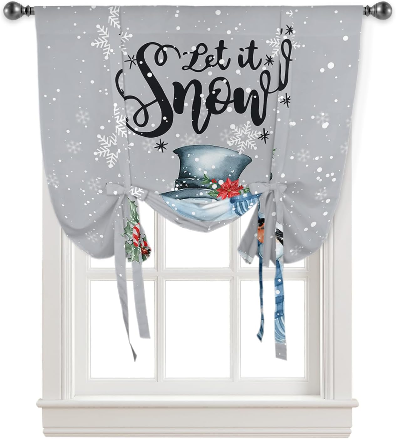 Cartoon Snowmans Tie Up Window Shade Curtain Winter Snowflake and Cardinal Kitchen Adjustable Balloon Curtains Shades Drape 46x63In for Living Room/Bedroom/Cafe Windows Grey