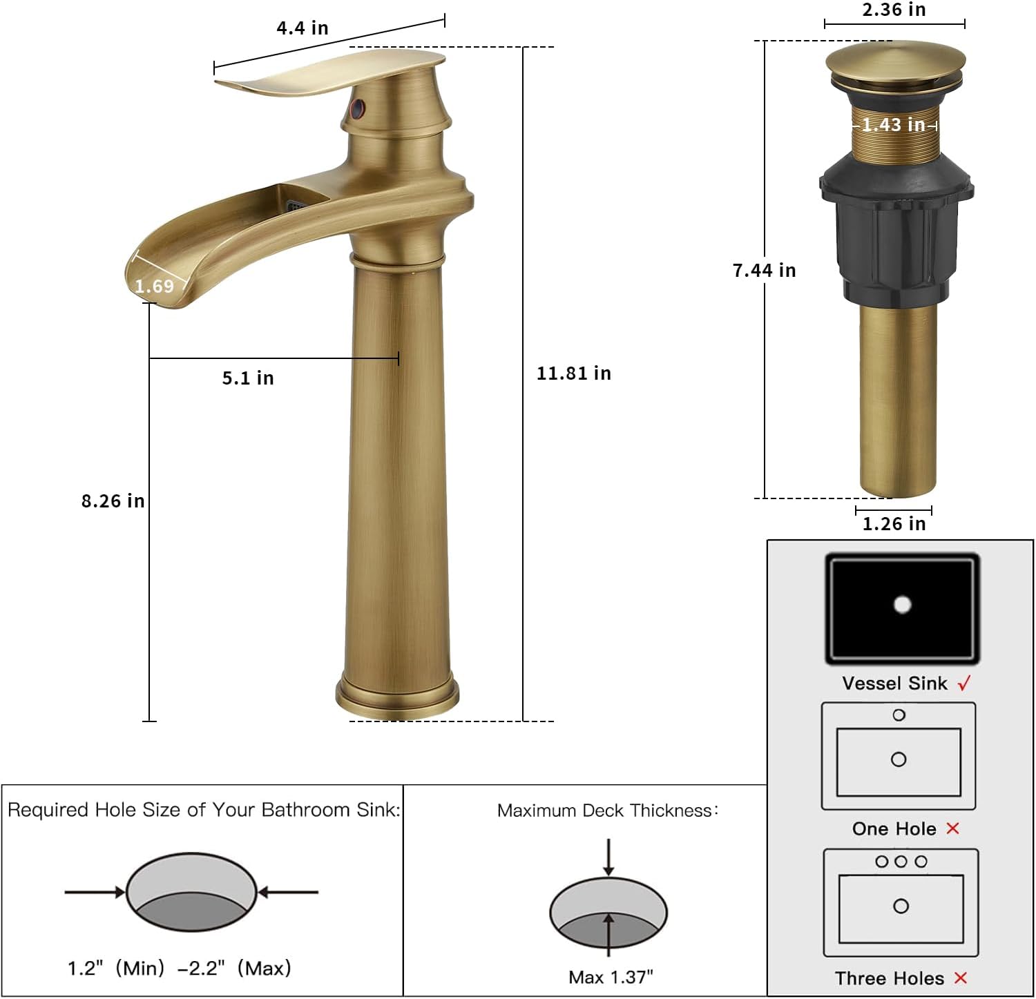 Detailed dimensions and installation requirements for the BWE vessel sink faucet and pop-up drain