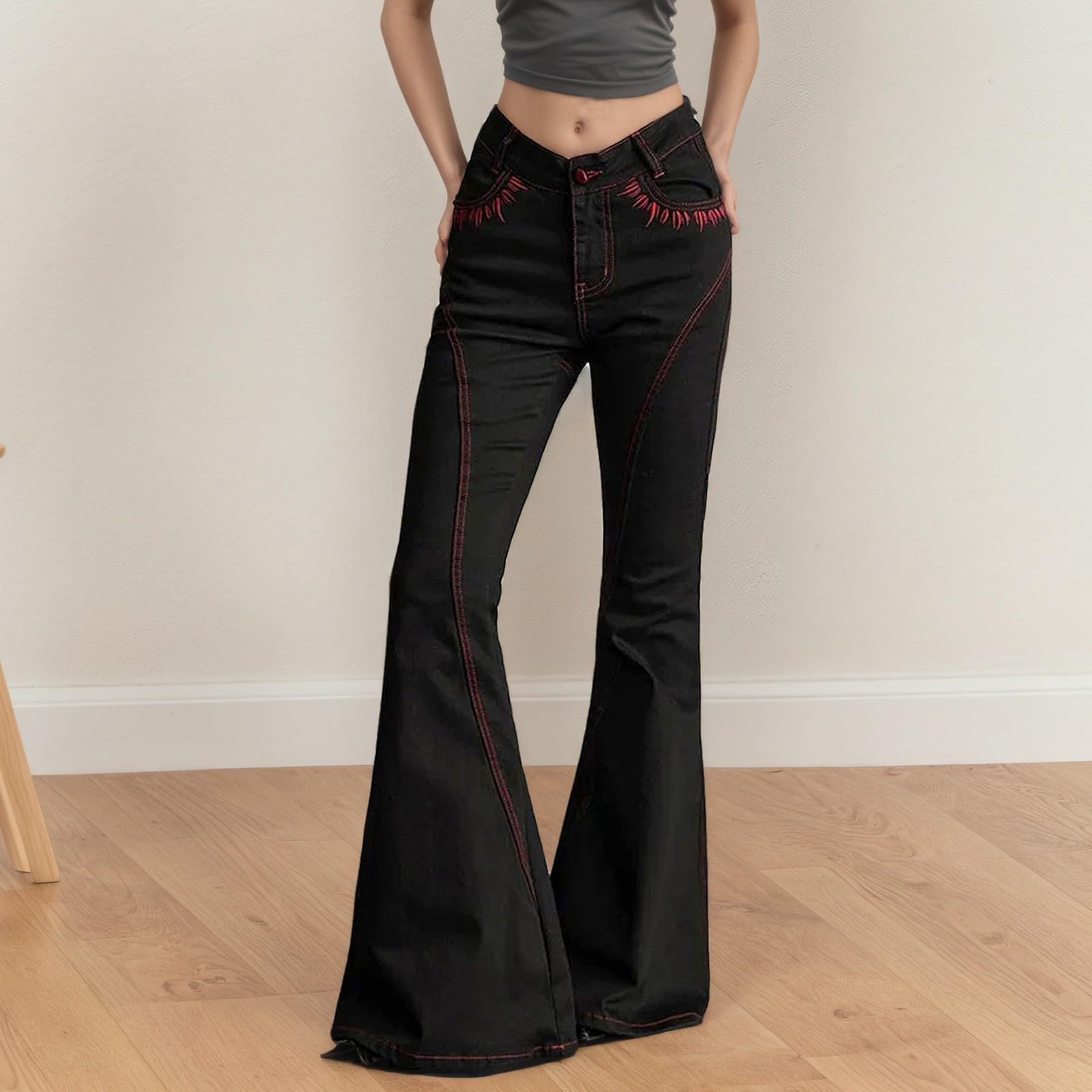 Pantaloni a zampa da donna vintage anni '70, jeans a vita alta, elasticizzati, skinny, con ricamo, Y2k Streetwear