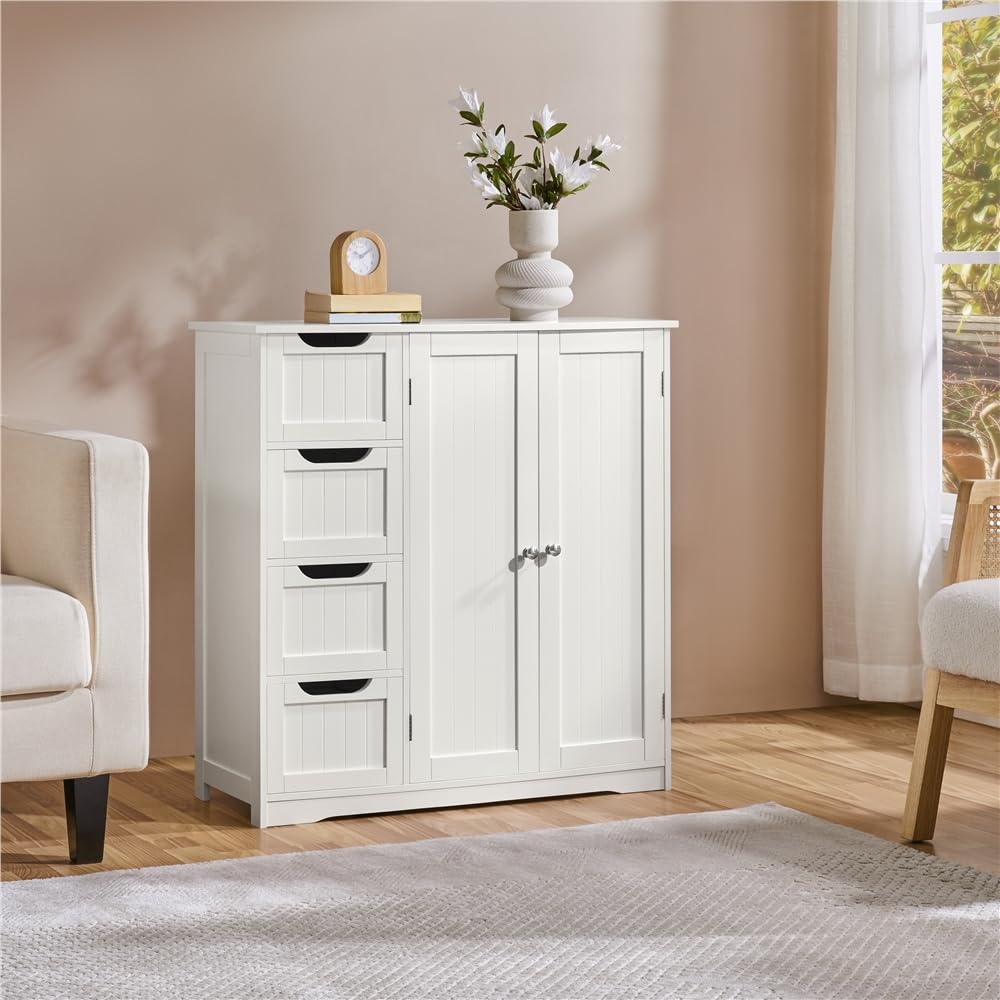 Yaheetech Armario Baño de Suelo Mueble Baño con 4 Cajones Mueble Auxiliar Cómoda Armario con 2 Puertas, Estante Ajustable 81x30x83 cm Blanco