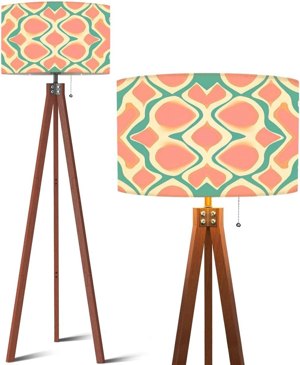 Wood Tripod Floor Lamp 50s Mid Century Modern Seamless Pattern Mid Century Standing Lamp Linen Shade Dimmable Modern Tall lamp Home Decor for Living Room Bedroom Office