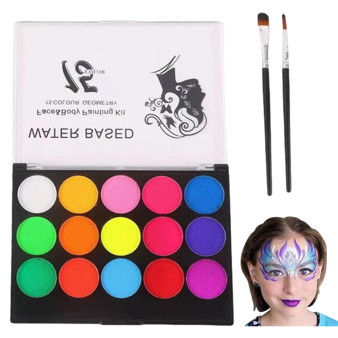 Set de Maquillage pour Enfants, 15 Couleurs, Palette Enfant Body Painting et Carnaval Visage, avec 2 Pinceaux Maquillages, pour Halloween, Noël, Carnaval, Soirées à Thème, Fête d'anniversaire