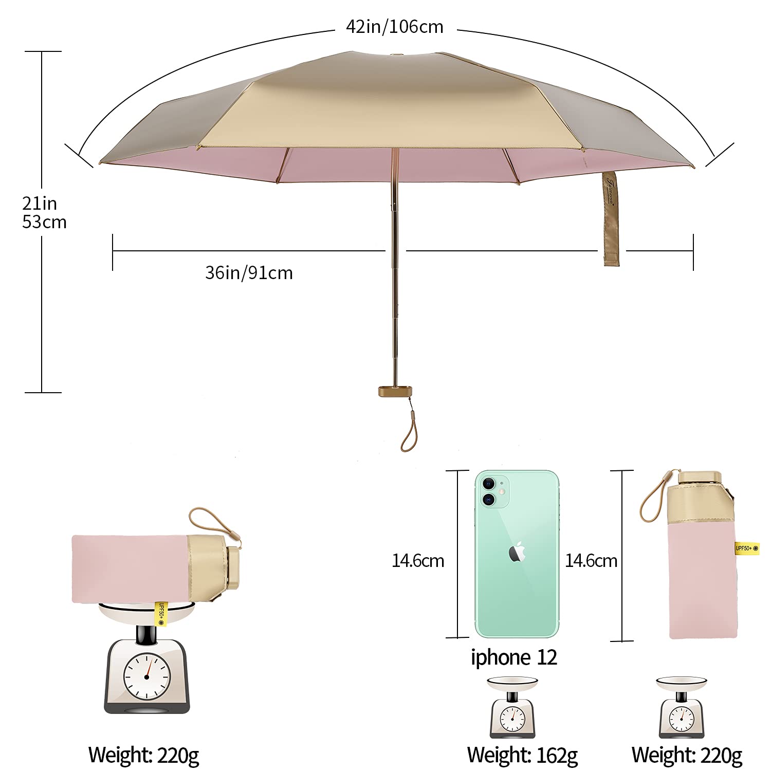 TEIMOSE Ultra Light Umbrella,Rain & Sun compact Umbrella Windproof, Mini Folding Umbrella for Travel Windproof, Rainproof & 99% UV Protection with Black Anti-UV Coating, UPF50+