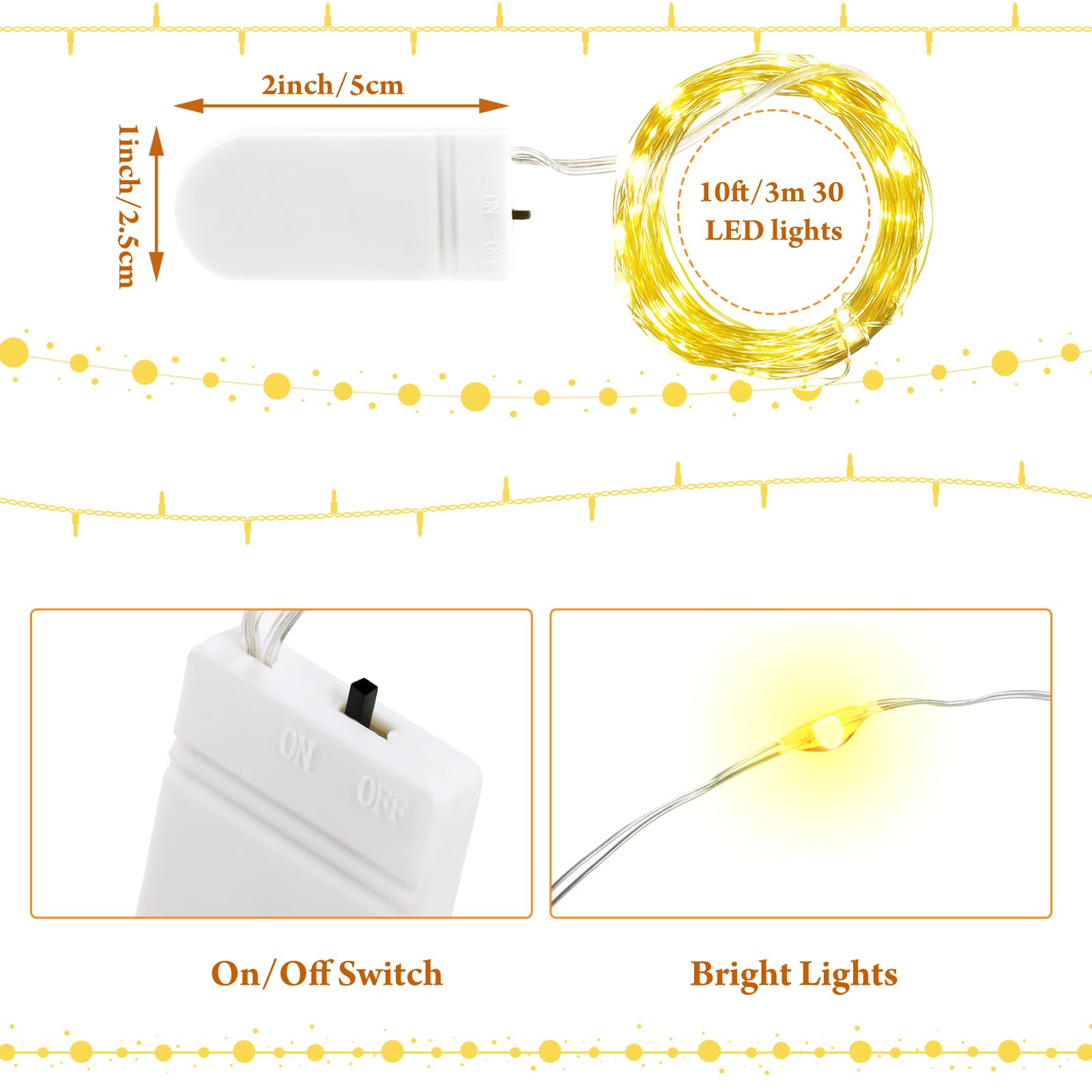 Lot de 50 petites guirlandes lumineuses à LED à piles de 3 m - 30 LED - Pour bocaux - Étanches - Pour bricolage, fête de mariage, vacances - Blanc chaud