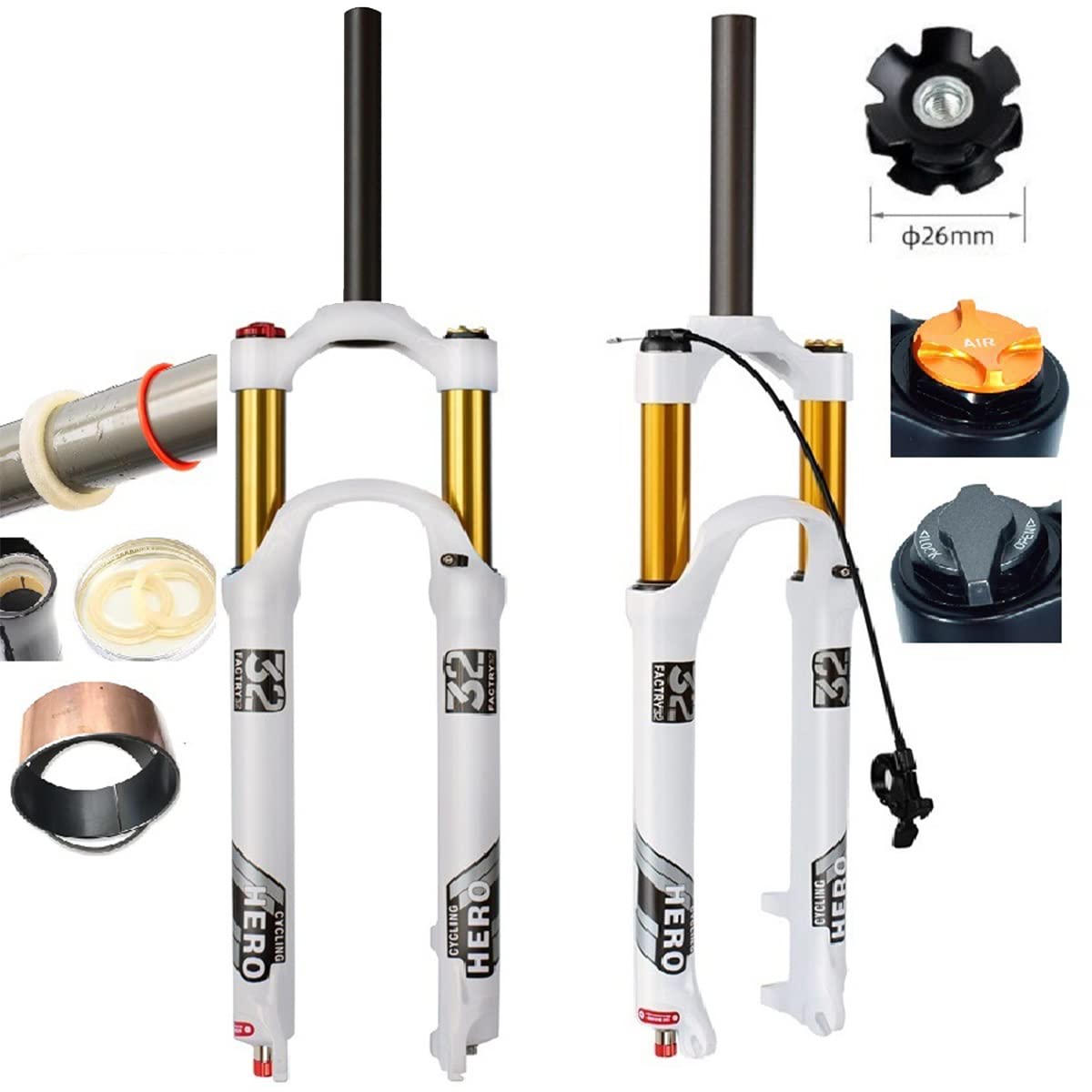 Widelec do rowerów górskich 26/27,5/29 cali z regulowanym odbiciem i skokiem sprężyny, 120 mm, stop aluminium, przedni widelec MTB, zawieszenie pneumatyczne 1-1/8", ręczne / zdalne sterowanie blokadą