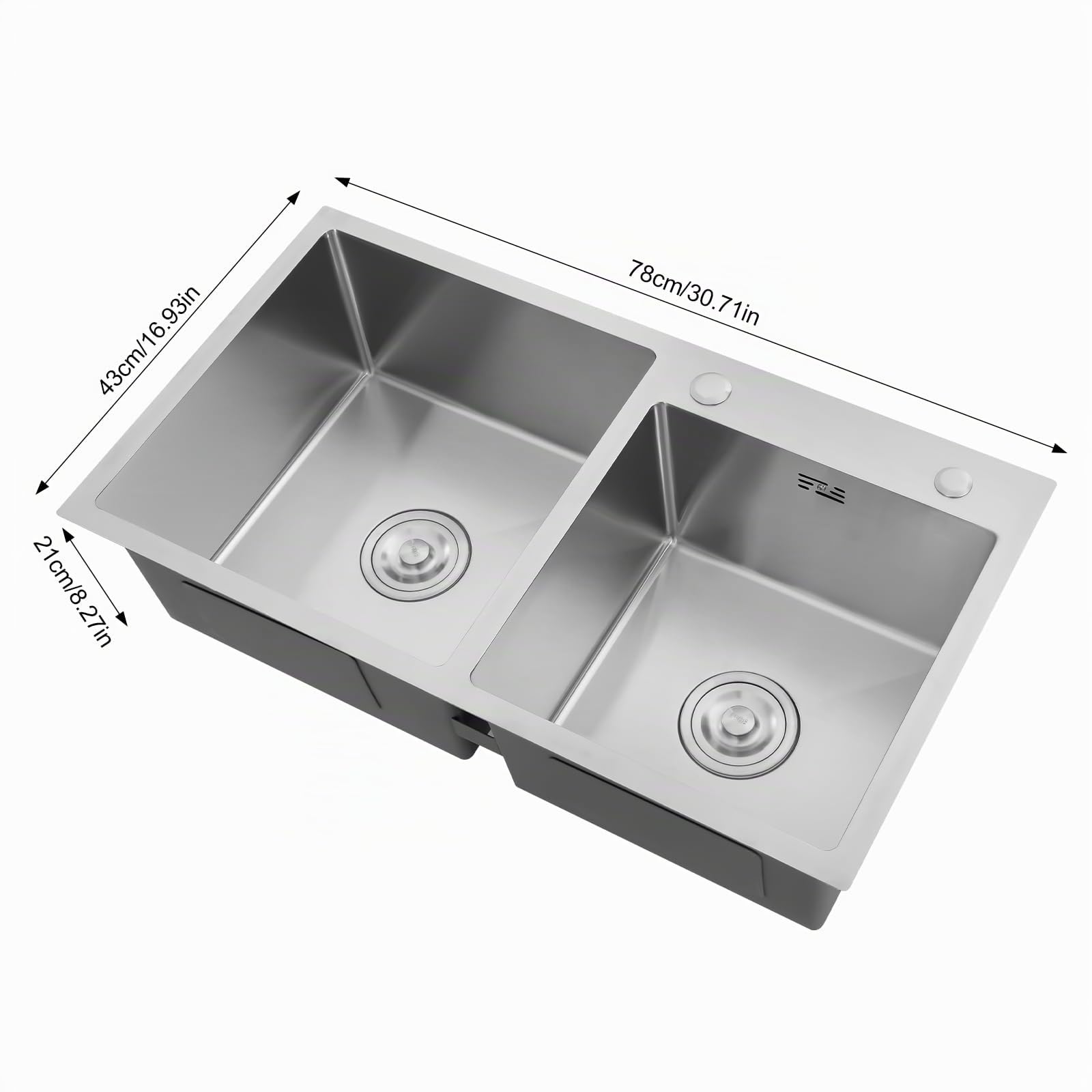 Fregadero doble de acero inoxidable, fregadero de cocina doble con escurridor, bajo encimera de acero inoxidable, fregadero empotrable para cocina, baño, 78 x 43 x 21 cm