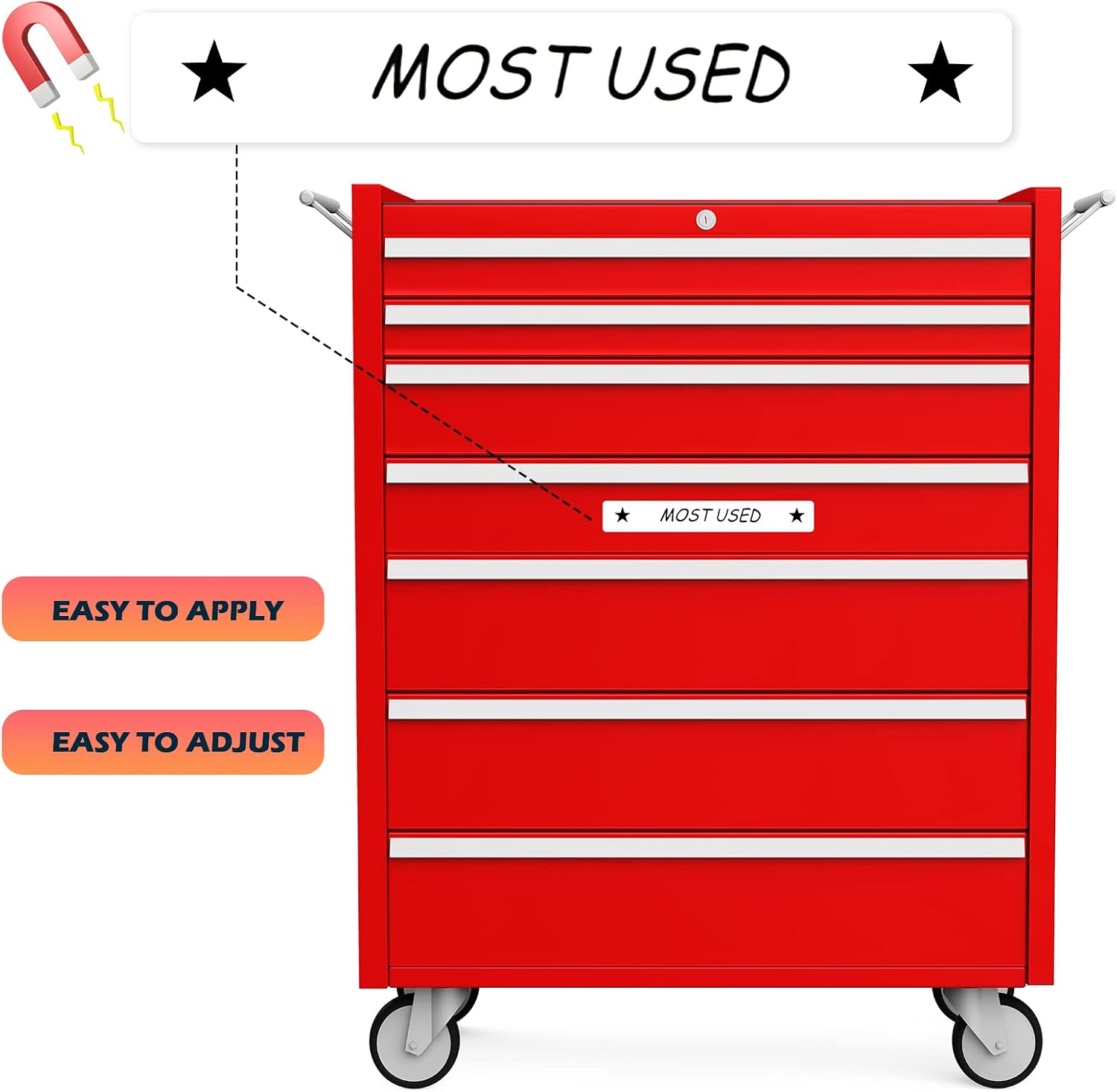 Tenare Toolbox Organization Magnetic Labels - 66 Pcs Steel Tool Chest Drawer Labels (4.5x0.75) |Magnets, Quick & Easy Organizer | Fits All Brands, Cabinets & Tool Boxes(White)