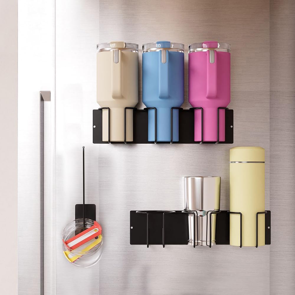 Picowe 3 PCS Magnetic Stanley Cup Holder for Fridge, Metal Water Bottle Organizer with 2 Cup Holders & 1 Lid Organizer for Stanley 40 oz Tumblers (Black) - Image 4