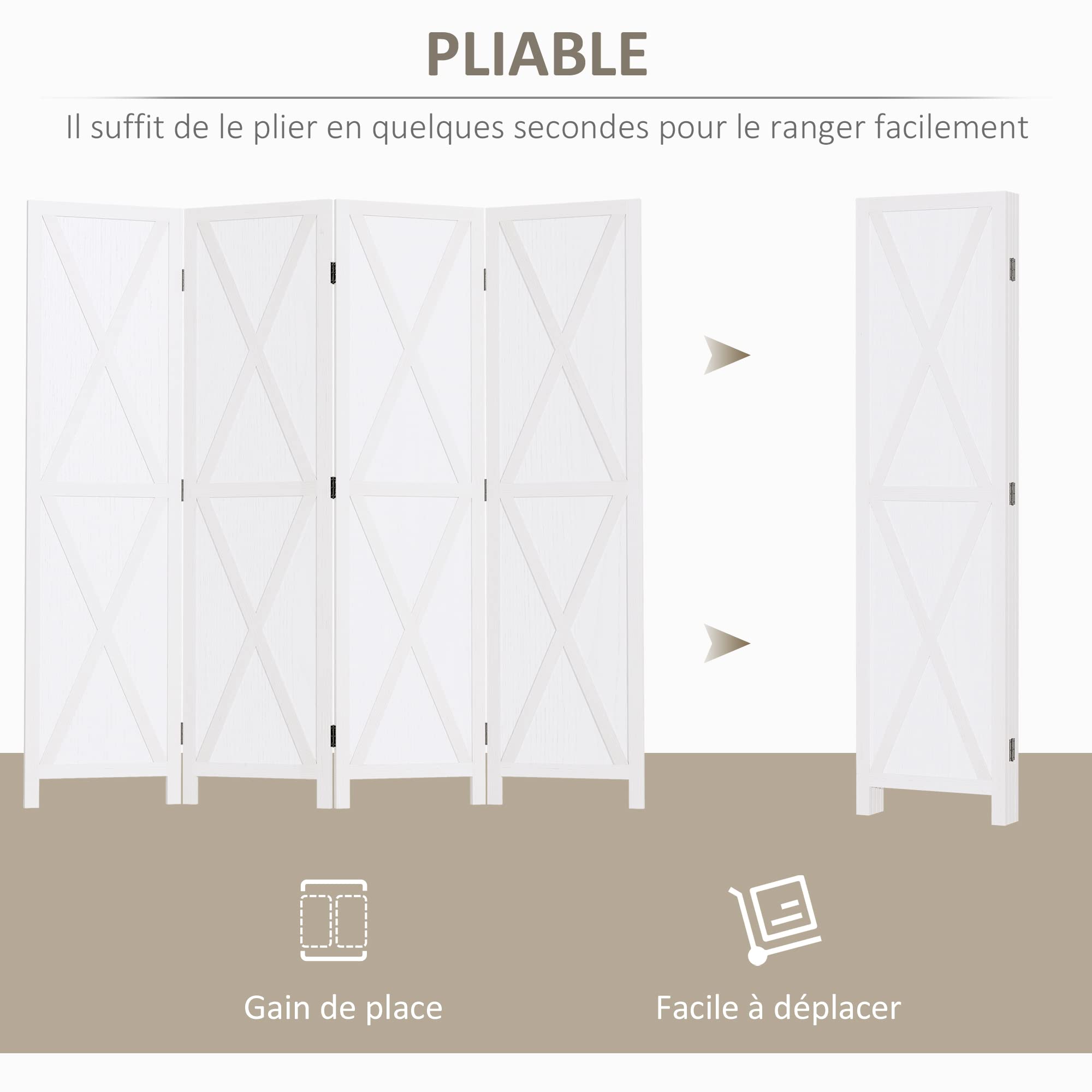 HOMCOM Paravent Intérieur 4 Panneaux 182L x 170H cm Campagnard Chic Blanc