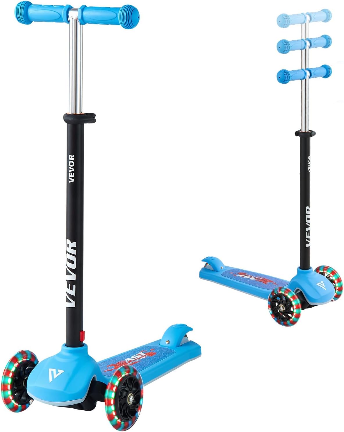 VEVOR Kick Scooter for Kids Ages 3+, 3-Wheel Toddler Scooter with Light-Up Wheels, Adjustable Height Handlebar, Wide Anti-Slip Deck, Lightweight Aluminum Frame for Boys & Girls up to 165 lbs
